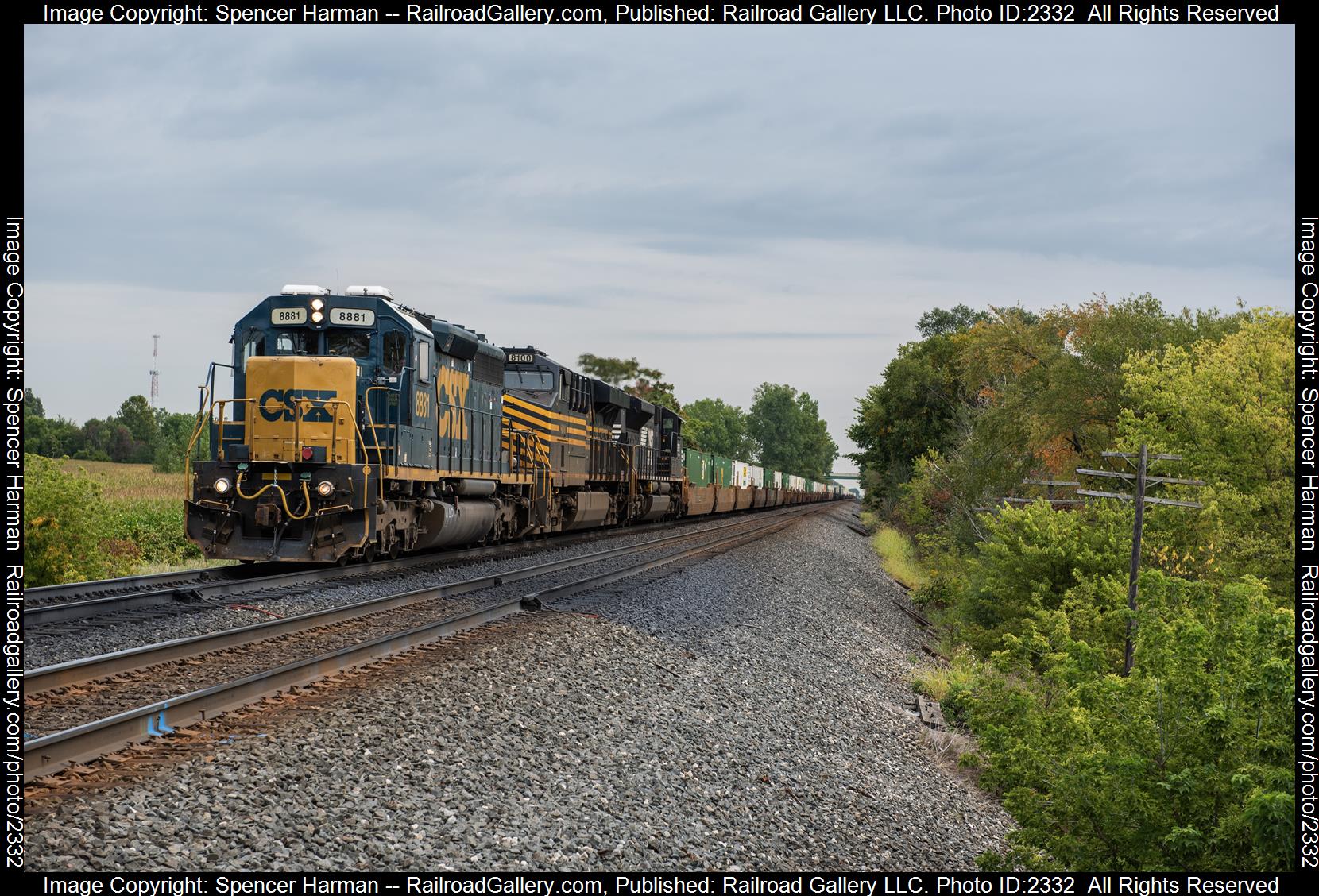 CSXT 8881 is a class EMD SD40-2 and  is pictured in Waterloo, Indiana, USA.  This was taken along the Chicago Line on the Norfolk Southern. Photo Copyright: Spencer Harman uploaded to Railroad Gallery on 09/19/2023. This photograph of CSXT 8881 was taken on Tuesday, September 19, 2023. All Rights Reserved. 