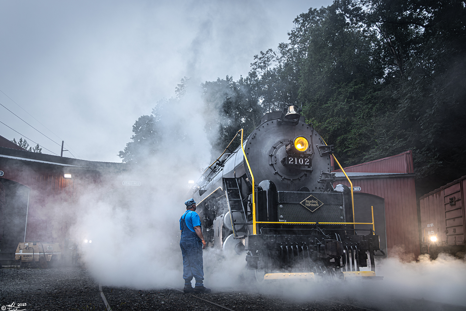 RDG 2102 is a class T-1 and  is pictured in Port Clinton, Pennsylvania, USA.  This was taken along the Reading & Northern Steam Shop on the Reading Company. Photo Copyright: Mark Turkovich uploaded to Railroad Gallery on 09/20/2023. This photograph of RDG 2102 was taken on Sunday, August 13, 2023. All Rights Reserved. 