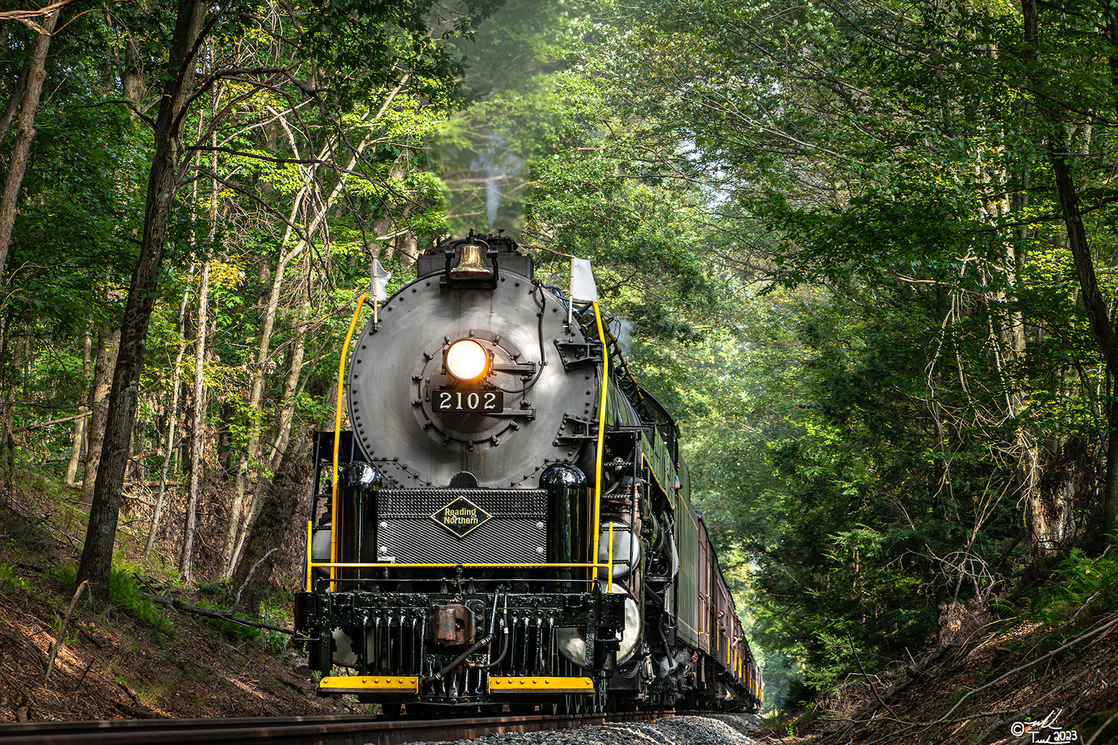 RDG 2102 is a class T-1 and  is pictured in Hometown, Pennsylvania, USA.  This was taken along the Hometown Hill on the Reading Company. Photo Copyright: Mark Turkovich uploaded to Railroad Gallery on 09/20/2023. This photograph of RDG 2102 was taken on Saturday, September 02, 2023. All Rights Reserved. 