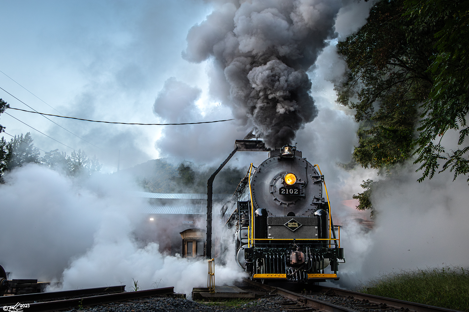 RDG 2102 is a class T-1 and  is pictured in Port Clinton, Pennsylvania, USA.  This was taken along the Reading & Northern Steam Shop on the Reading Company. Photo Copyright: Mark Turkovich uploaded to Railroad Gallery on 09/25/2023. This photograph of RDG 2102 was taken on Saturday, September 02, 2023. All Rights Reserved. 