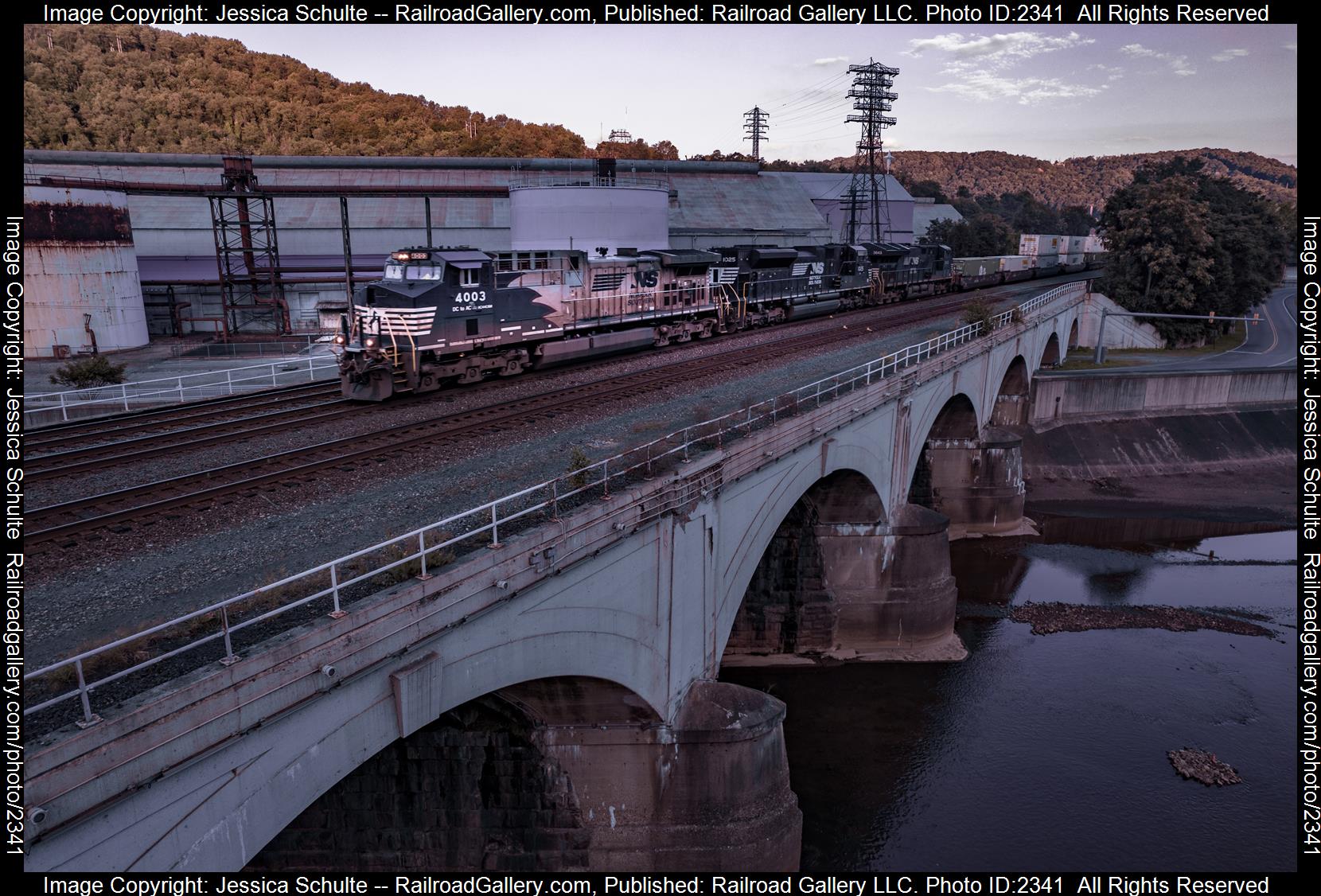 NS 4003 is a class GE AC44C6M and  is pictured in Johnstown, Pennsylvania, USA.  This was taken along the Pittsburgh Line on the Norfolk Southern. Photo Copyright: Jessica Fiume uploaded to Railroad Gallery on 09/25/2023. This photograph of NS 4003 was taken on Monday, September 04, 2023. All Rights Reserved. 