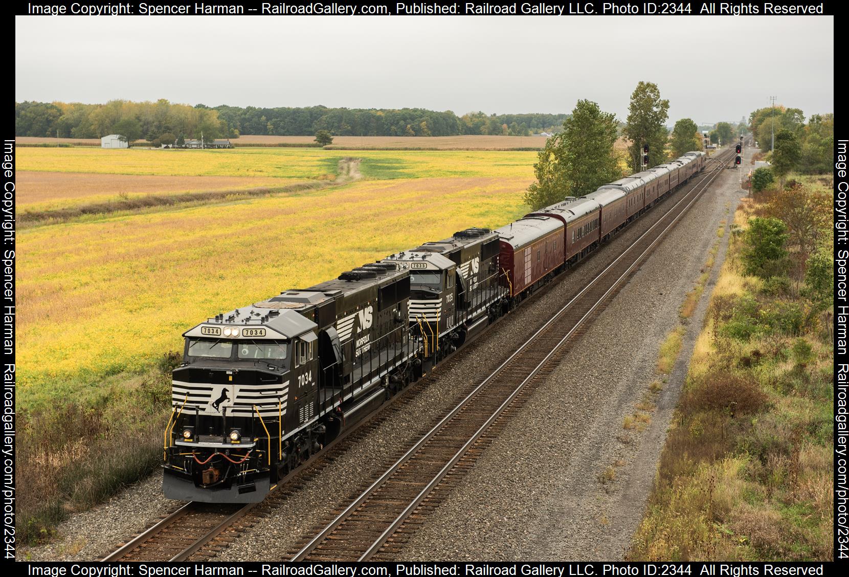 NS 7034 is a class EMD SD60E and  is pictured in Butler, Indiana, USA.  This was taken along the Chicago Line on the Norfolk Southern. Photo Copyright: Spencer Harman uploaded to Railroad Gallery on 09/27/2023. This photograph of NS 7034 was taken on Wednesday, September 27, 2023. All Rights Reserved. 