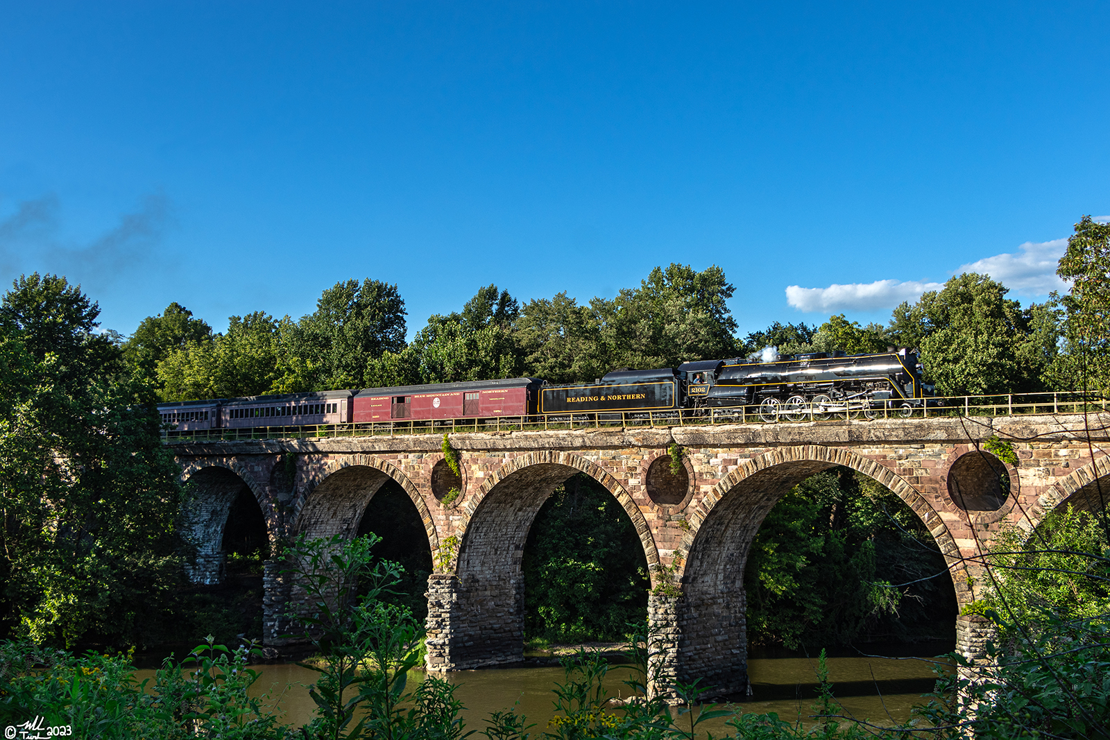 RDG 2102 is a class T-1 and  is pictured in Reading, Pennsylvania, USA.  This was taken along the Peacock's Lock Viaduct on the Reading Company. Photo Copyright: Mark Turkovich uploaded to Railroad Gallery on 09/28/2023. This photograph of RDG 2102 was taken on Sunday, August 13, 2023. All Rights Reserved. 