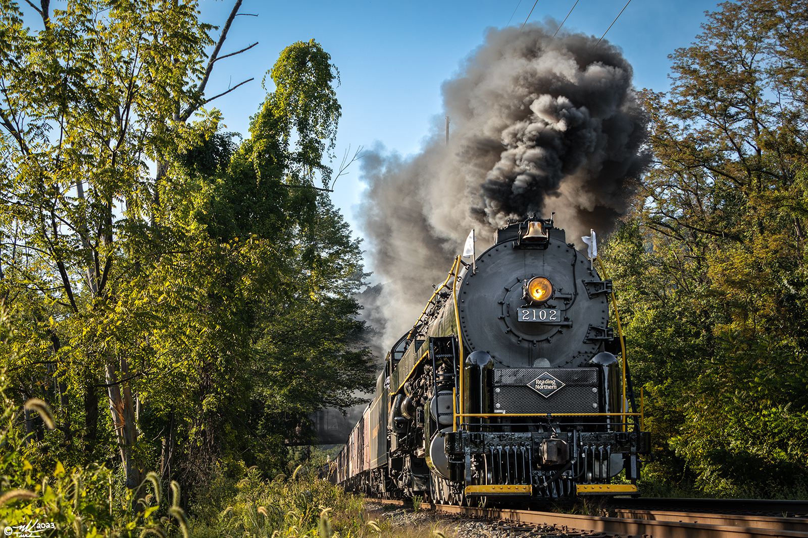 RDG 2102 is a class T-1 and  is pictured in Port Clinton, Pennsylvania, USA.  This was taken along the Reading & Northern Steam Shop on the Reading Company. Photo Copyright: Mark Turkovich uploaded to Railroad Gallery on 09/27/2023. This photograph of RDG 2102 was taken on Saturday, September 02, 2023. All Rights Reserved. 