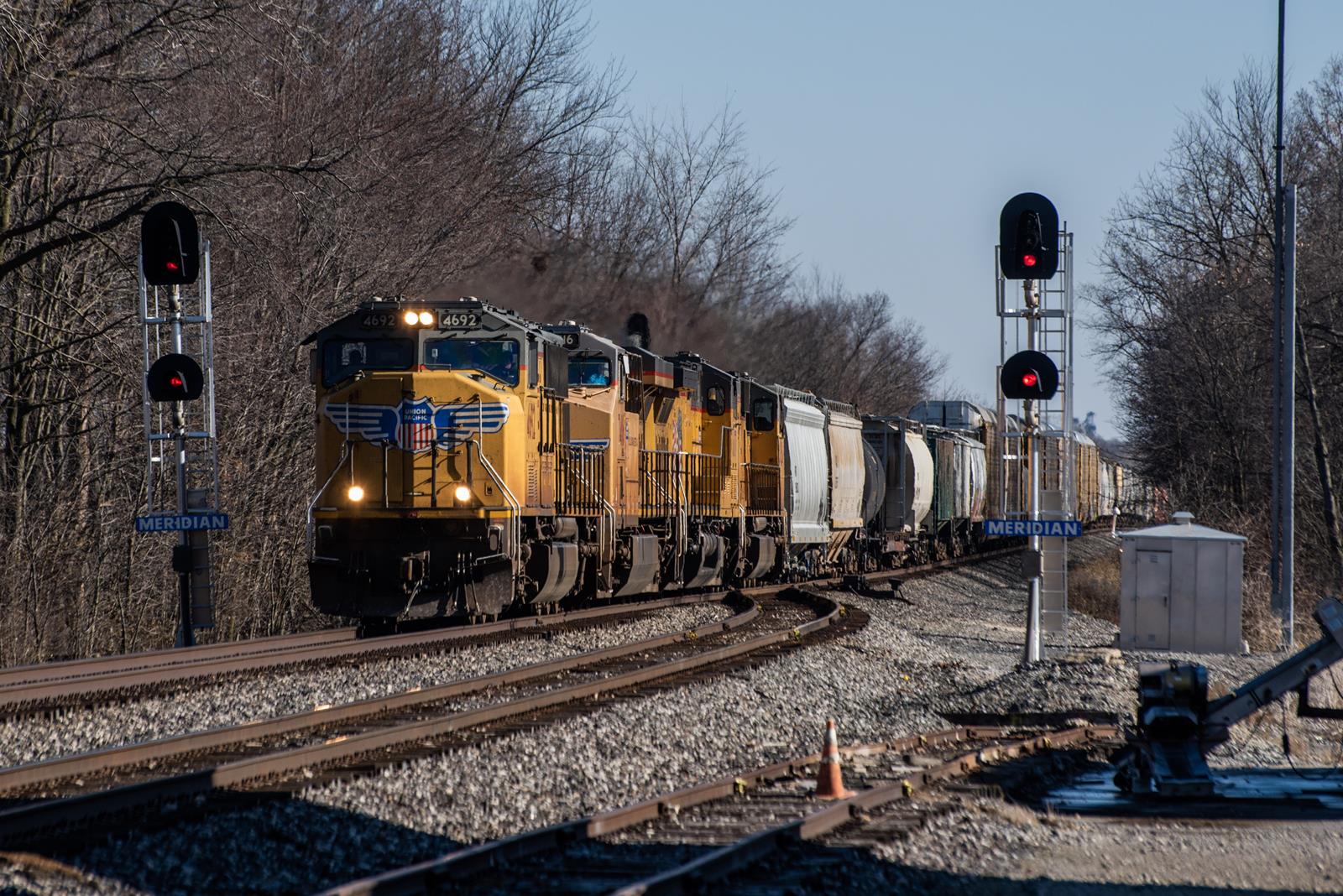 UP 4692 is a class EMD SD70M and  is pictured in Peabody, Indiana, USA.  This was taken along the Chicago District on the Norfolk Southern Railway. Photo Copyright: Spencer Harman uploaded to Railroad Gallery on 11/25/2022. This photograph of UP 4692 was taken on Friday, November 25, 2022. All Rights Reserved. 