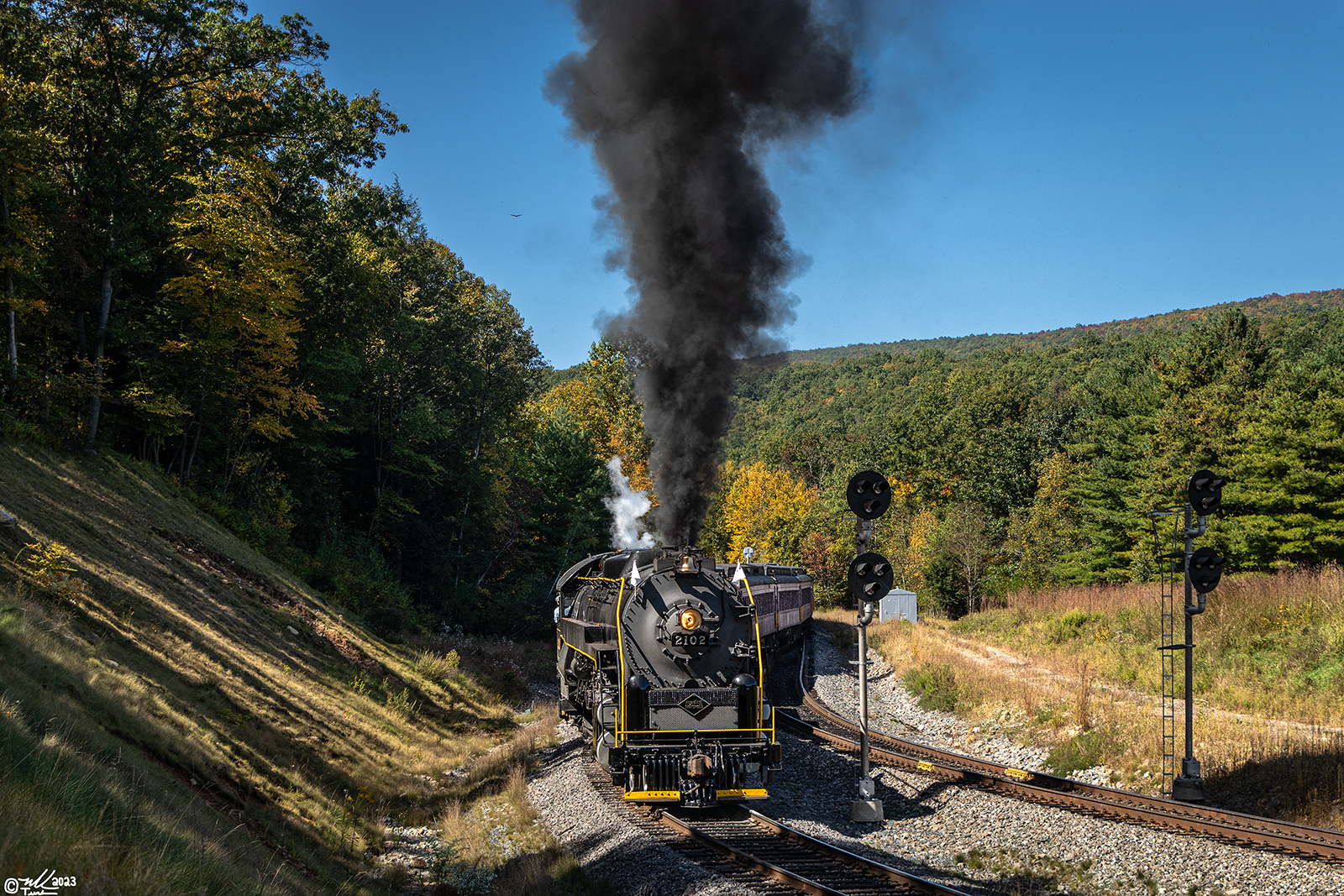 RDG 2102 is a class T-1 and  is pictured in Jim Thorpe, Pennsylvania, USA.  This was taken along the Nesquehoning Junction on the Reading Company. Photo Copyright: Mark Turkovich uploaded to Railroad Gallery on 10/07/2023. This photograph of RDG 2102 was taken on Sunday, October 01, 2023. All Rights Reserved. 