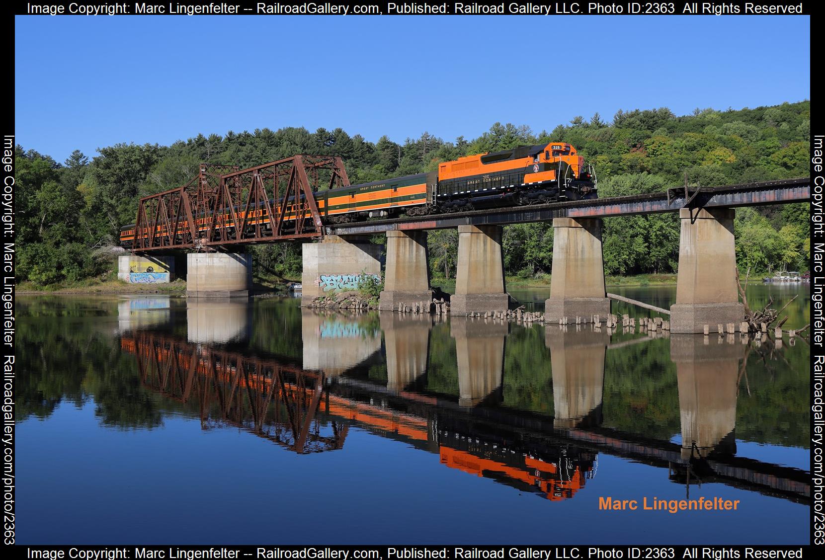 GN 325 is a class EMD SDP40 and  is pictured in Osceola, Wisconsin, USA.  This was taken along the Osceola and St Croix Valley RR on the Great Northern Railway. Photo Copyright: Marc Lingenfelter uploaded to Railroad Gallery on 10/07/2023. This photograph of GN 325 was taken on Wednesday, September 13, 2023. All Rights Reserved. 