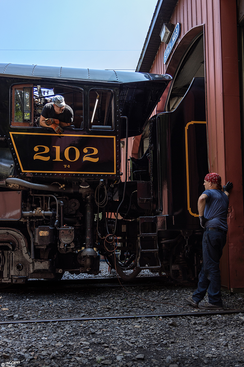 RDG 2102 is a class T-1 and  is pictured in Port Clinton, Pennsylvania, USA.  This was taken along the Reading & Northern Steam Shop on the Reading Company. Photo Copyright: Mark Turkovich uploaded to Railroad Gallery on 10/08/2023. This photograph of RDG 2102 was taken on Saturday, August 12, 2023. All Rights Reserved. 