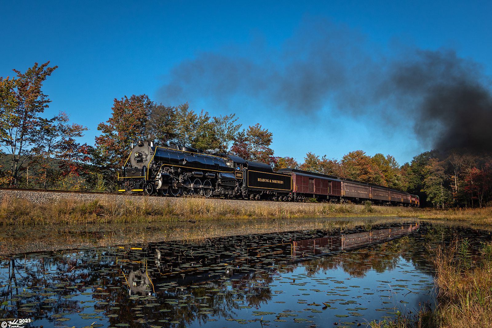 RDG 2102 is a class T-1 and  is pictured in Hometown, Pennsylvania, USA.  This was taken along the Greenwood Lake on the Reading Company. Photo Copyright: Mark Turkovich uploaded to Railroad Gallery on 10/08/2023. This photograph of RDG 2102 was taken on Sunday, October 01, 2023. All Rights Reserved. 