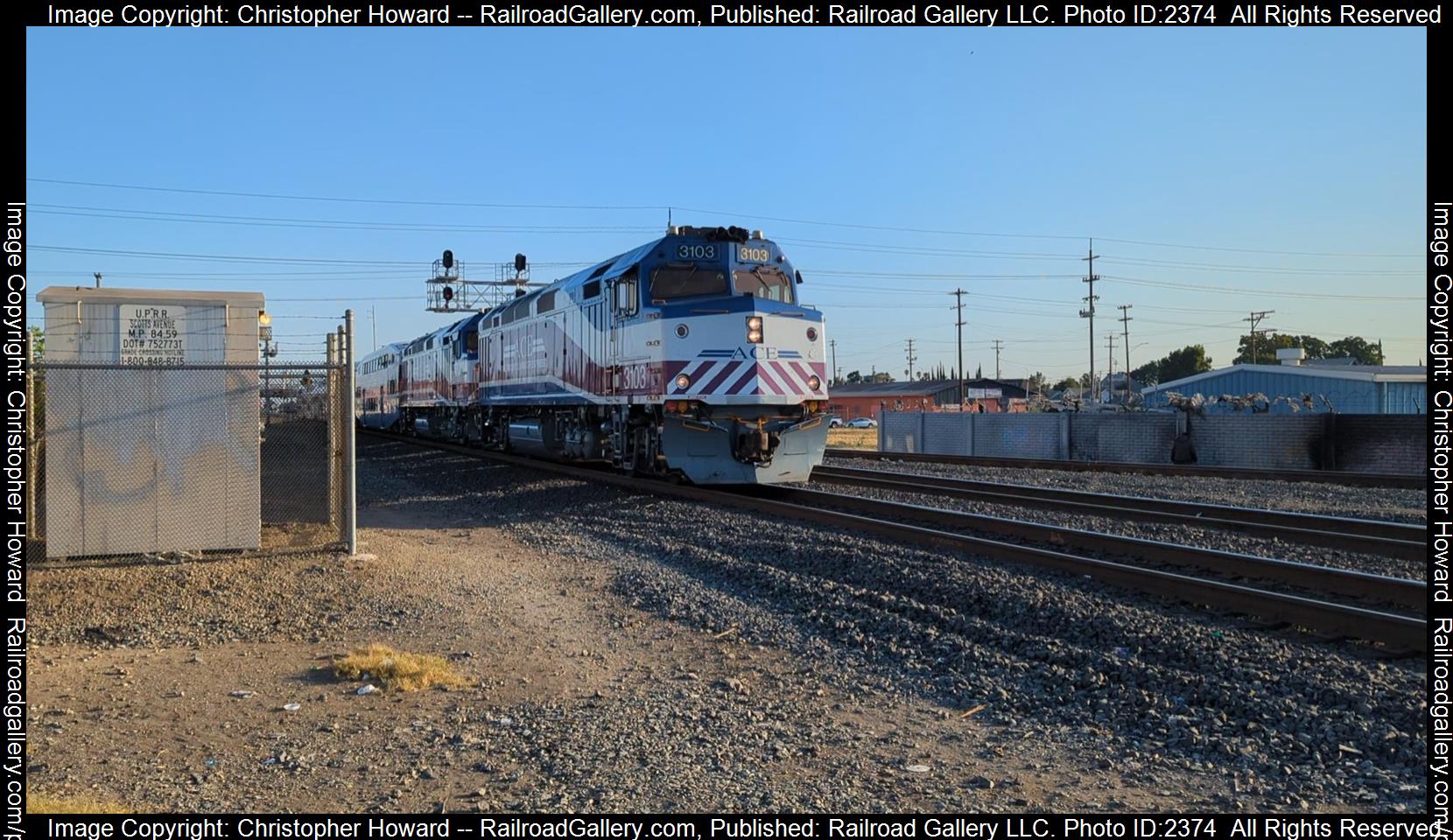 ACEX 3103 is a class F40PH-3C and  is pictured in Stockton, California, United States.  This was taken along the Fresno Sub, UP on the ACE. Photo Copyright: Christopher Howard uploaded to Railroad Gallery on 10/13/2023. This photograph of ACEX 3103 was taken on Friday, August 18, 2023. All Rights Reserved. 