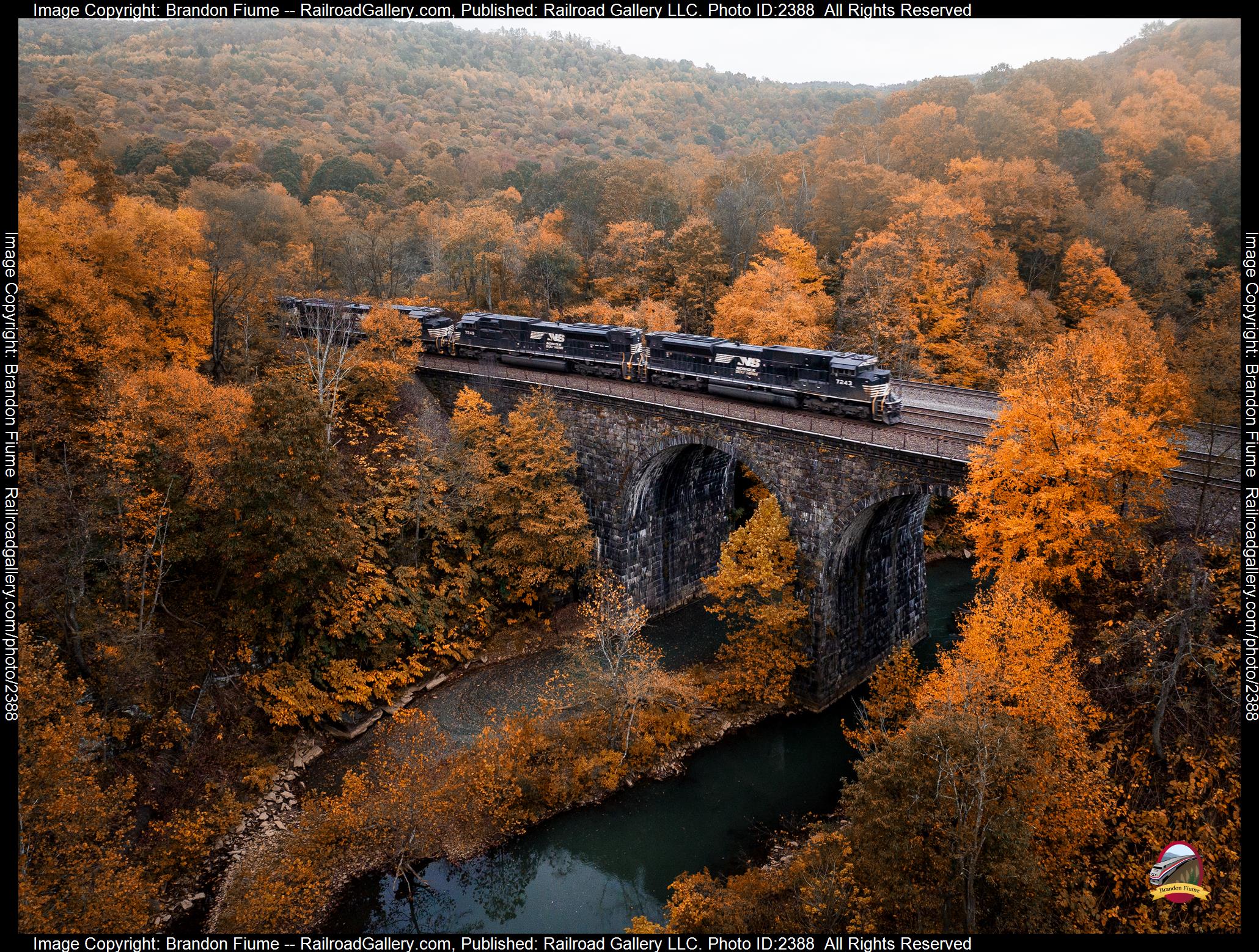 NS 7243 is a class NS SD70ACU and  is pictured in South Fork, Pennsylvania, United States.  This was taken along the Pittsburgh Line on the Norfolk Southern. Photo Copyright: Brandon Fiume uploaded to Railroad Gallery on 10/17/2023. This photograph of NS 7243 was taken on Thursday, October 12, 2023. All Rights Reserved. 