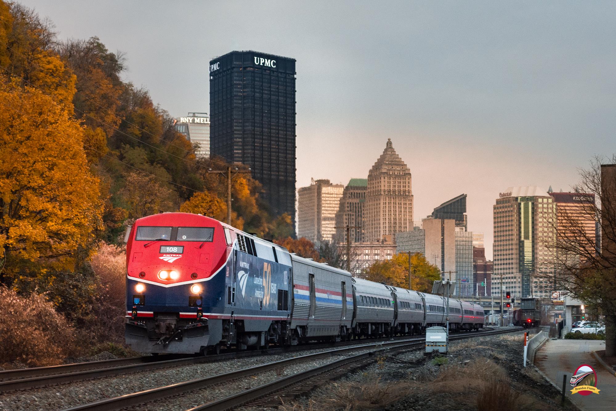 AMTK 108 is a class GE P42DC and  is pictured in Pittsburgh, Pennsylvania, USA.  This was taken along the Pittsburgh Line on the Amtrak. Photo Copyright: Brandon Fiume uploaded to Railroad Gallery on 11/11/2022. This photograph of AMTK 108 was taken on Tuesday, November 16, 2021. All Rights Reserved. 