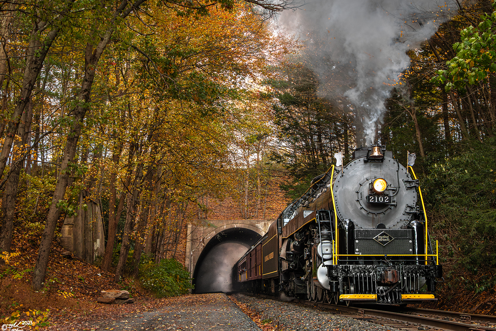 RDG 2102 is a class T-1 and  is pictured in Nesquehoning, Pennsylvania, USA.  This was taken along the Nesquehoning Tunnel on the Reading Company. Photo Copyright: Mark Turkovich uploaded to Railroad Gallery on 10/24/2023. This photograph of RDG 2102 was taken on Saturday, October 21, 2023. All Rights Reserved. 