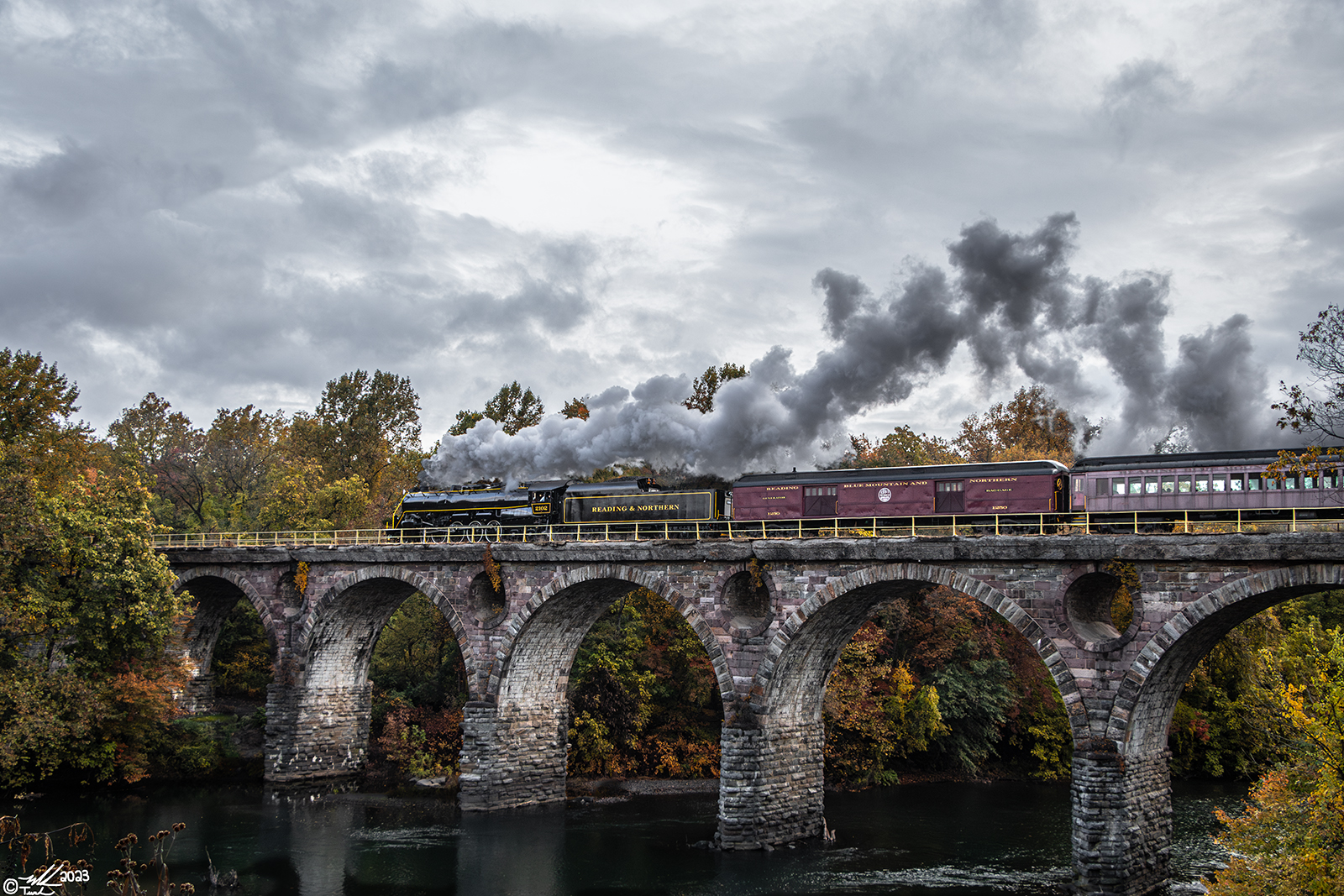 RDG 2102 is a class T-1 and  is pictured in Reading, Pennsylvania, USA.  This was taken along the Peacock's Lock Viaduct on the Reading Company. Photo Copyright: Mark Turkovich uploaded to Railroad Gallery on 10/26/2023. This photograph of RDG 2102 was taken on Saturday, October 21, 2023. All Rights Reserved. 