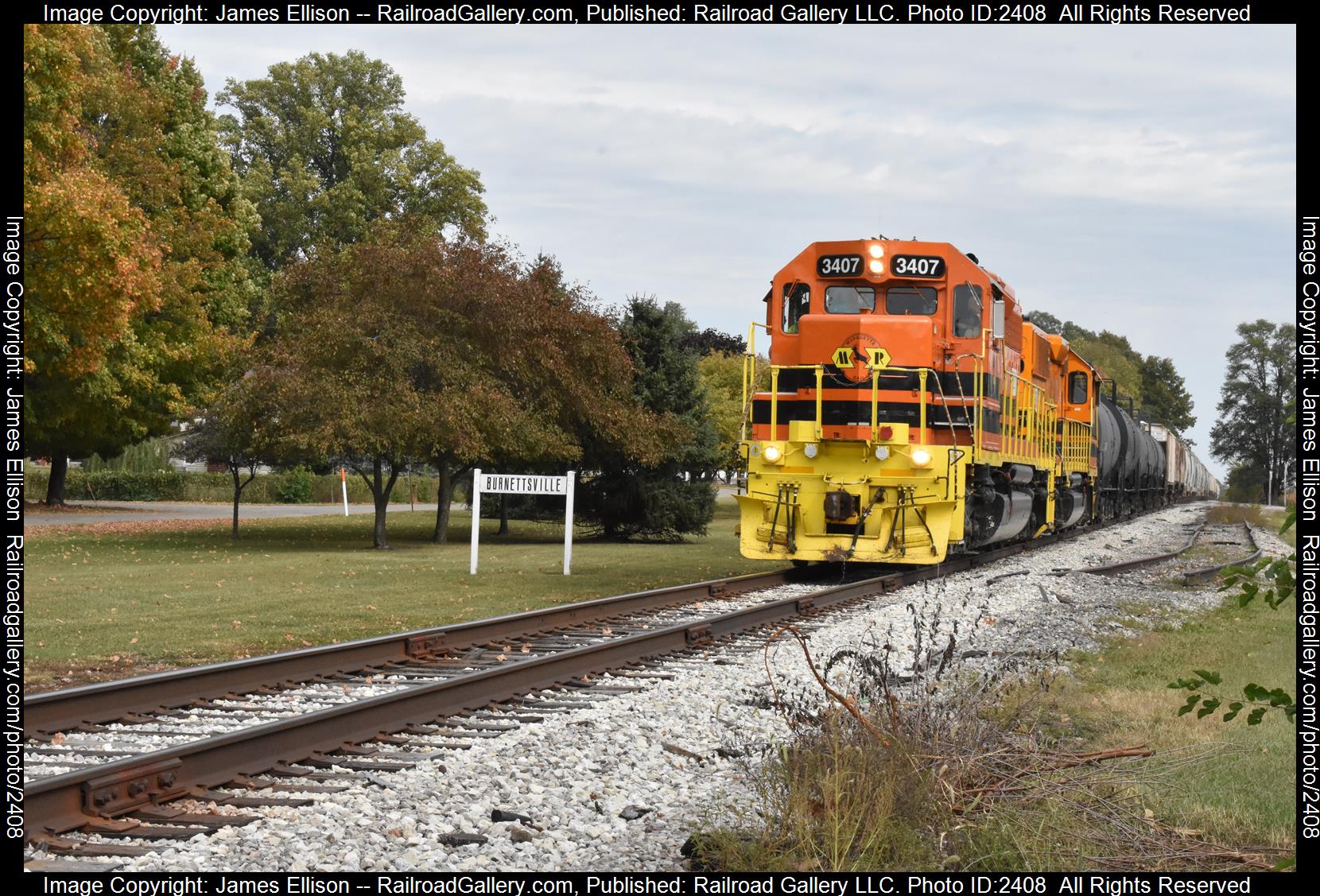 MQT 3407 is a class EMD SD40-2 and  is pictured in Bernettsville, IN, USA.  This was taken along the TP&W mainline/PRR Effner Branch on the Toledo, Peoria, and Western Railway. Photo Copyright: James Ellison uploaded to Railroad Gallery on 10/27/2023. This photograph of MQT 3407 was taken on Wednesday, October 11, 2023. All Rights Reserved. 