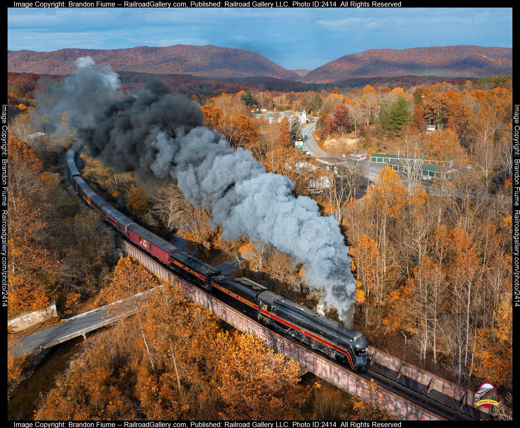 NW 611 is a class 4-8-4 and  is pictured in Goshen, Virginia, USA.  This was taken along the Buckingham Branch on the Norfolk and Western Railway. Photo Copyright: Brandon Fiume uploaded to Railroad Gallery on 11/01/2023. This photograph of NW 611 was taken on Sunday, October 29, 2023. All Rights Reserved. 