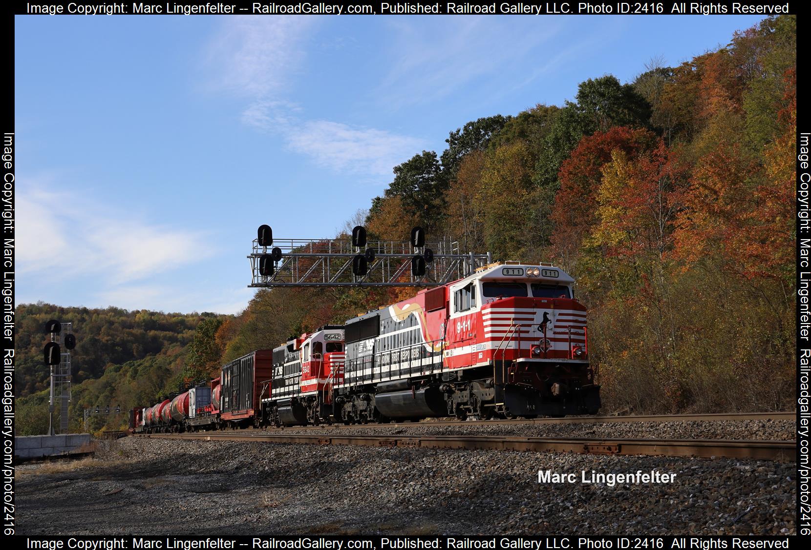 NS 911 is a class EMD SD60E and  is pictured in South Fork, Pennsylvania, USA.  This was taken along the NS Pittsburgh Line on the Norfolk Southern. Photo Copyright: Marc Lingenfelter uploaded to Railroad Gallery on 11/04/2023. This photograph of NS 911 was taken on Friday, October 13, 2023. All Rights Reserved. 