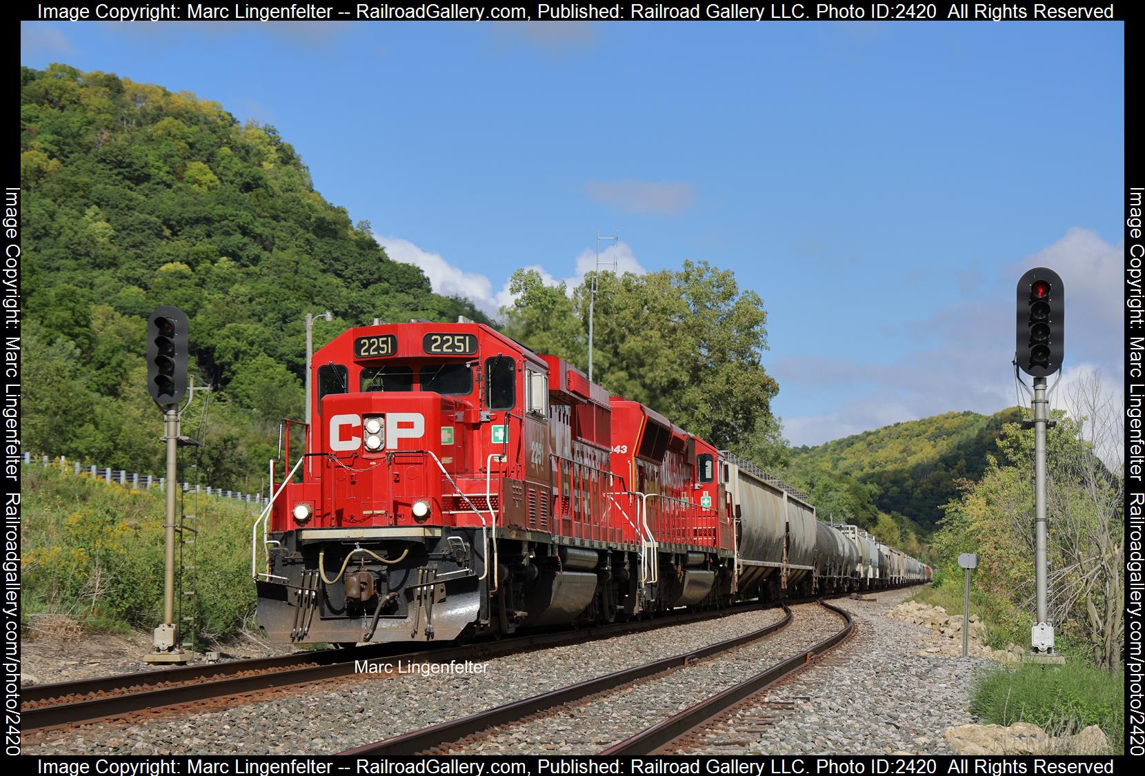 CP 2251 is a class EMD GP22ECO and  is pictured in Minnesota City, Minnesota, USA.  This was taken along the CPKC River Sub on the CPKC. Photo Copyright: Marc Lingenfelter uploaded to Railroad Gallery on 11/06/2023. This photograph of CP 2251 was taken on Friday, September 08, 2023. All Rights Reserved. 