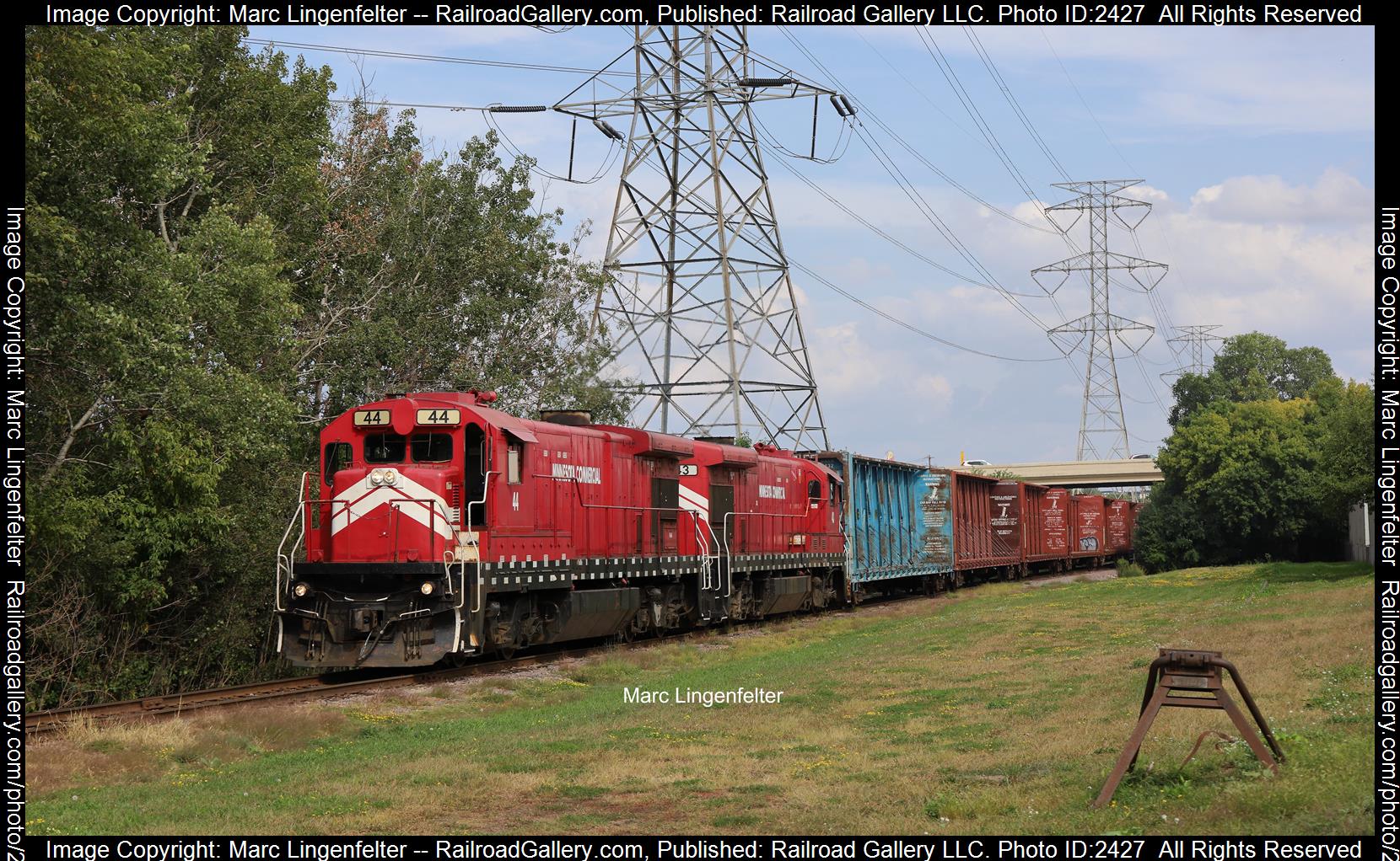 MNCR 44 is a class GE B23-7 and  is pictured in Roseville, Minnesota, USA.  This was taken along the MNCR Mainline on the Minnesota Commercial Railway. Photo Copyright: Marc Lingenfelter uploaded to Railroad Gallery on 11/09/2023. This photograph of MNCR 44 was taken on Sunday, September 10, 2023. All Rights Reserved. 