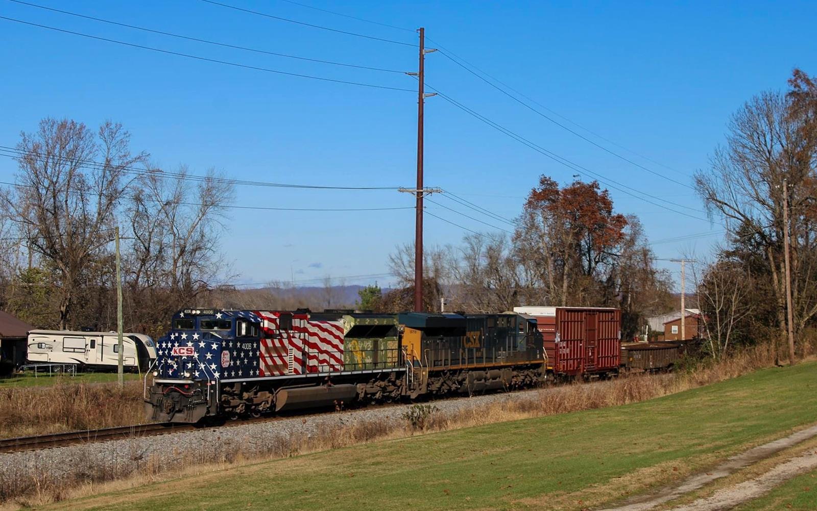 KCS 4006 is a class EMD SD70ACe and  is pictured in Firebrick, Kentucky, United States.  This was taken along the CSX Cincinnati Sub on the Kansas City Southern Railway. Photo Copyright: Chris Hall uploaded to Railroad Gallery on 11/25/2022. This photograph of KCS 4006 was taken on Monday, November 22, 2021. All Rights Reserved. 