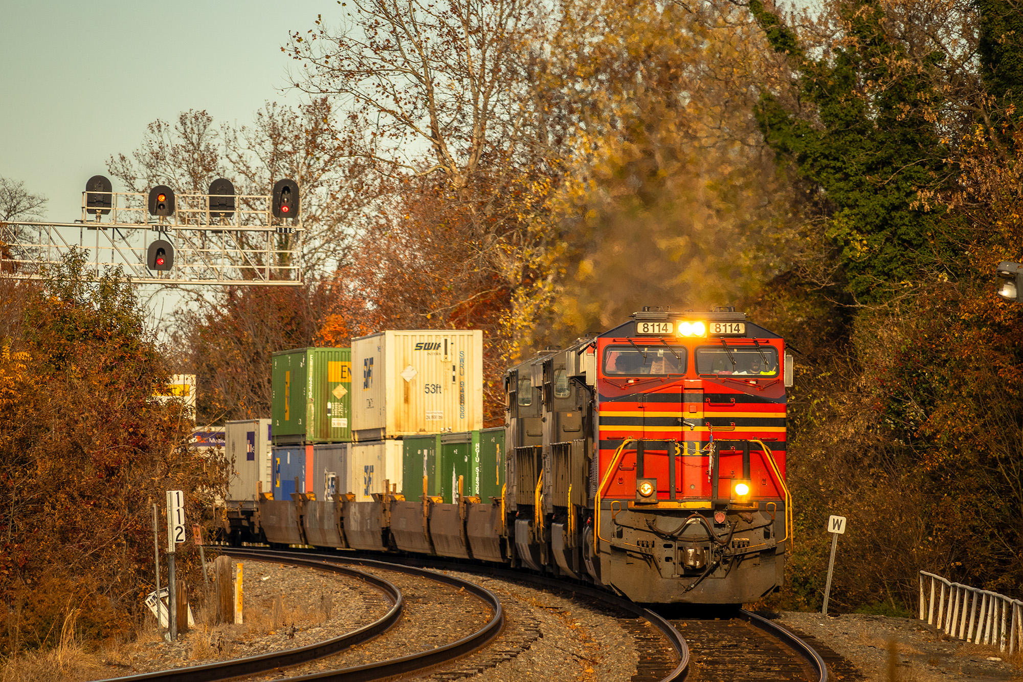 NS 8114 is a class GE ES44AC and  is pictured in Charlottesville, VA, United States.  This was taken along the NS Washington District  on the Norfolk Southern Railway. Photo Copyright: Robby Lefkowitz uploaded to Railroad Gallery on 11/15/2023. This photograph of NS 8114 was taken on Tuesday, November 14, 2023. All Rights Reserved. 