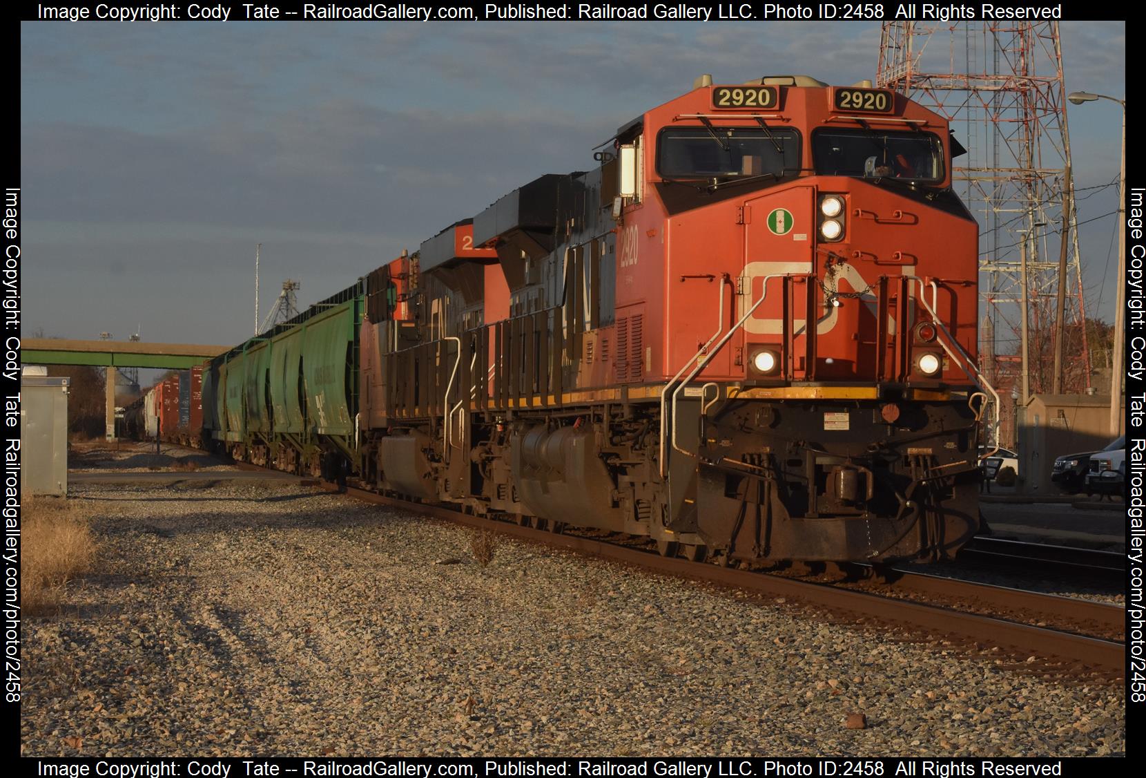 CN 2920 is a class ES44AC and  is pictured in Centralia, Illinois, United States.  This was taken along the Centralia subdivision  on the Canadian National Railway. Photo Copyright: Cody  Tate uploaded to Railroad Gallery on 11/16/2023. This photograph of CN 2920 was taken on Saturday, November 11, 2023. All Rights Reserved. 