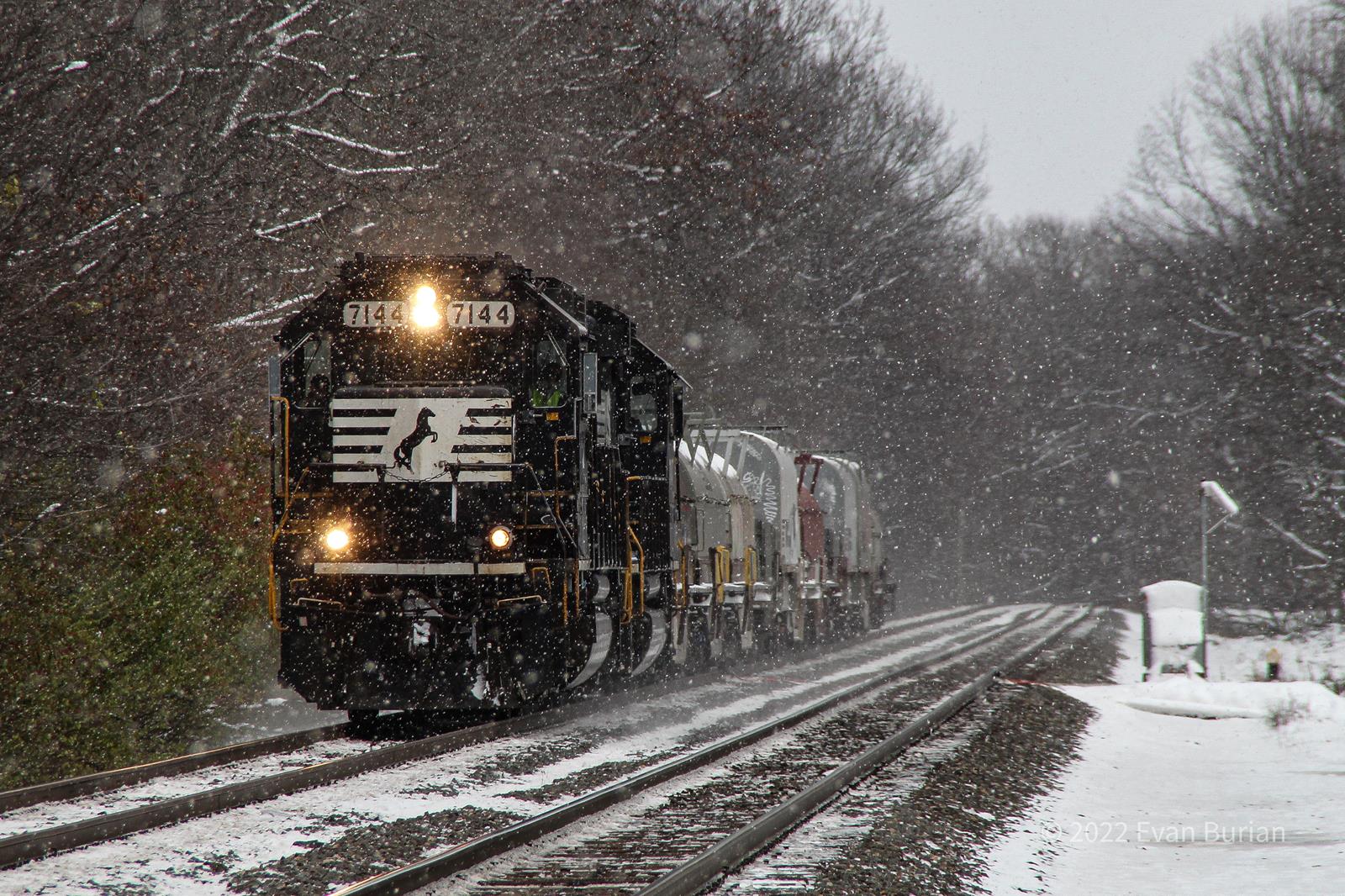 NS 7144 is a class EMD GP60 and  is pictured in Laporte, Indiana, USA.  This was taken along the Chicago Line on the Norfolk Southern. Photo Copyright: Evan Burian uploaded to Railroad Gallery on 11/25/2022. This photograph of NS 7144 was taken on Friday, November 18, 2022. All Rights Reserved. 