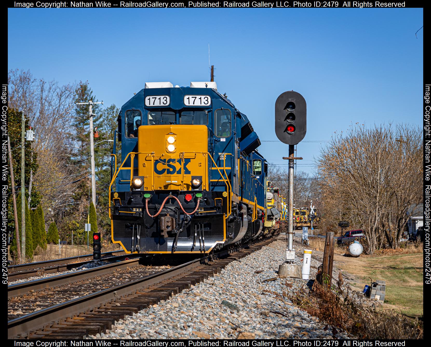 CSXT 1713 is a class sd23T4 and  is pictured in Erwin, Tennessee, United States.  This was taken along the Blue on the CSX Transportation. Photo Copyright: Nathan Wike uploaded to Railroad Gallery on 11/20/2023. This photograph of CSXT 1713 was taken on Sunday, November 19, 2023. All Rights Reserved. 