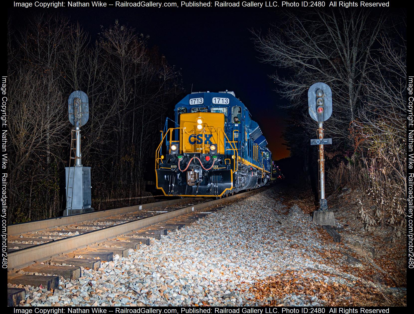 CSXT 1713 is a class sd23T4 and  is pictured in Ashford, North Carolina, United States.  This was taken along the Blue Ridge Subdivision  on the CSX Transportation. Photo Copyright: Nathan Wike uploaded to Railroad Gallery on 11/20/2023. This photograph of CSXT 1713 was taken on Sunday, November 19, 2023. All Rights Reserved. 