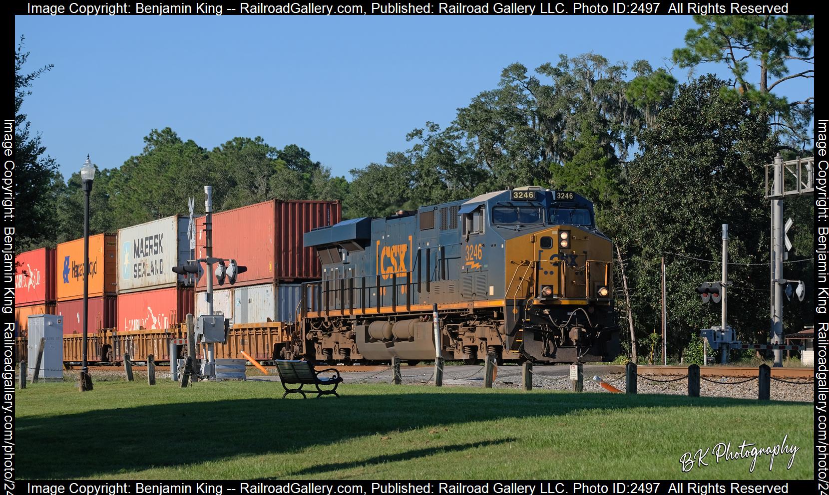 CSXT 3246 is a class GE ES44AH and  is pictured in Folkston, Georgia, USA.  This was taken along the CSXT Nahunta Subdivision on the CSX Transportation. Photo Copyright: Benjamin King uploaded to Railroad Gallery on 11/26/2023. This photograph of CSXT 3246 was taken on Sunday, September 26, 2021. All Rights Reserved. 