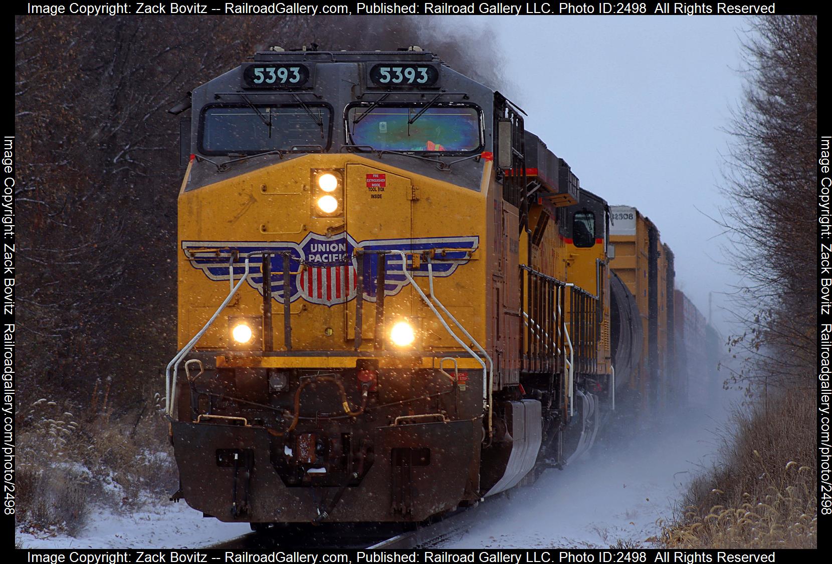 UP 5393 is a class C45ACCTE and  is pictured in Northfield, Minnesota, United States.  This was taken along the Albert Lea Subdivision on the Union Pacific Railroad. Photo Copyright: Zack Bovitz uploaded to Railroad Gallery on 11/26/2023. This photograph of UP 5393 was taken on Sunday, November 26, 2023. All Rights Reserved. 