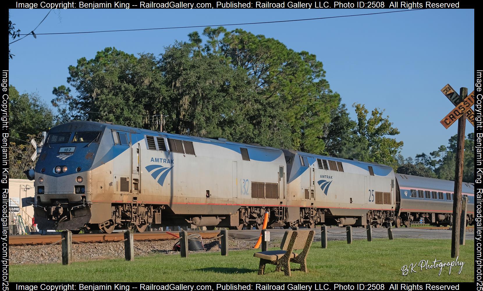 AMTK 182 is a class GE P42DC and  is pictured in Folkston, Georgia, USA.  This was taken along the CSXT Nahunta Subdivision on the Amtrak. Photo Copyright: Benjamin King uploaded to Railroad Gallery on 11/28/2023. This photograph of AMTK 182 was taken on Sunday, September 26, 2021. All Rights Reserved. 