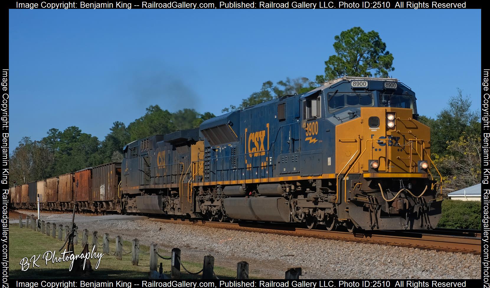 CSXT 8900 is a class EMD SD70ACe-T4 and  is pictured in Folkston, Georgia, USA.  This was taken along the CSXT Nahunta Subdivision on the CSX Transportation. Photo Copyright: Benjamin King uploaded to Railroad Gallery on 11/28/2023. This photograph of CSXT 8900 was taken on Monday, November 08, 2021. All Rights Reserved. 