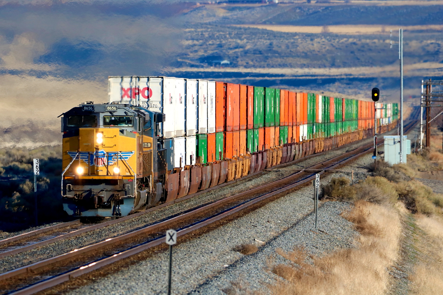 UP 8656, CSX 494 is a class SD70Ace and  is pictured in King Hill, Idaho, USA.  This was taken along the Nampa Subdivision on the Union Pacific Railroad. Photo Copyright: Rick Doughty uploaded to Railroad Gallery on 11/28/2023. This photograph of UP 8656, CSX 494 was taken on Sunday, March 26, 2023. All Rights Reserved. 