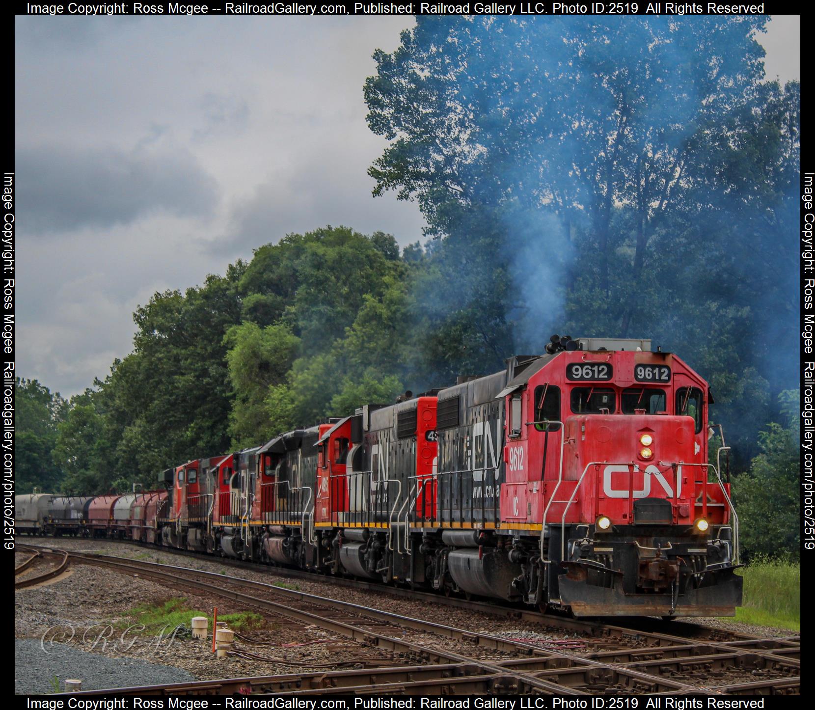 CN 9612 is a class EMD GP38-2 and  is pictured in Griffith, Indiana, USA.  This was taken along the CN Matteson Sub  on the Canadian National Railway. Photo Copyright: Ross Mcgee uploaded to Railroad Gallery on 11/28/2023. This photograph of CN 9612 was taken on Thursday, July 06, 2023. All Rights Reserved. 