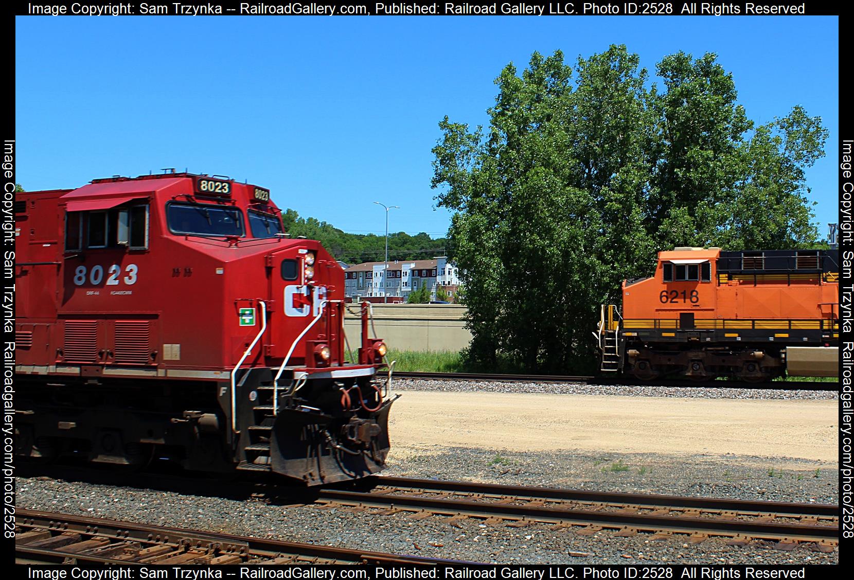 CP 8023 is a class GE AC4400CWM and  is pictured in Newport, Minnesota, USA.  This was taken along the BNSF St. Paul Subdivision on the Canadian Pacific Railway. Photo Copyright: Sam Trzynka uploaded to Railroad Gallery on 11/29/2023. This photograph of CP 8023 was taken on Friday, June 17, 2022. All Rights Reserved. 