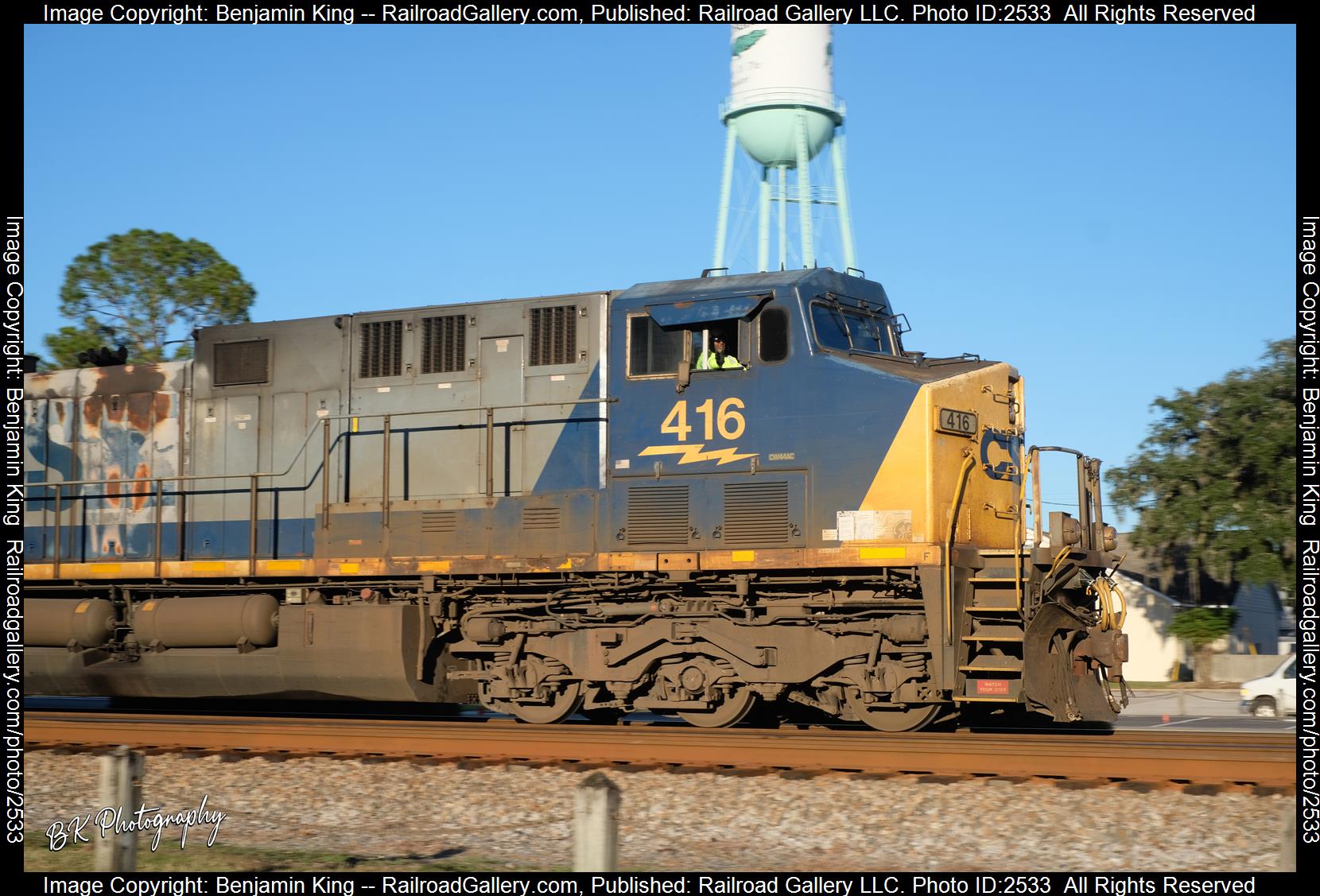 CSXT 416 is a class GE AC4400CW and  is pictured in Folkston, Georgia, USA.  This was taken along the CSXT Nahunta Subdivision on the CSX Transportation. Photo Copyright: Benjamin King uploaded to Railroad Gallery on 11/30/2023. This photograph of CSXT 416 was taken on Sunday, November 07, 2021. All Rights Reserved. 