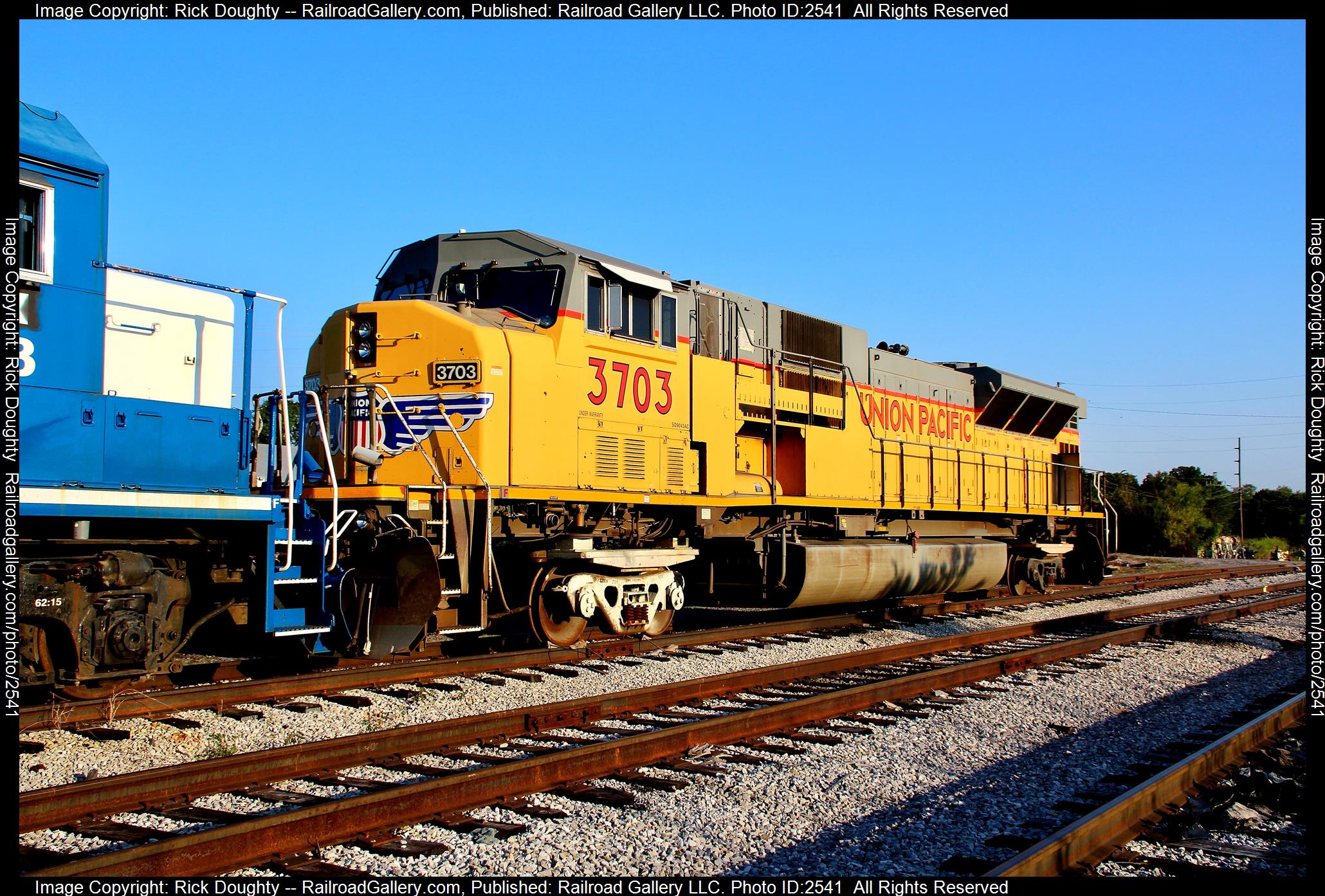 UP 3703 is a class SD9043MAC and  is pictured in Mayfield, Kentucky, USA.  This was taken along the Union Pacific Railroad. Photo Copyright: Rick Doughty uploaded to Railroad Gallery on 11/30/2023. This photograph of UP 3703 was taken on Monday, September 07, 2020. All Rights Reserved. 