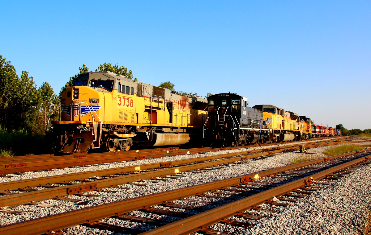 UP 3738 is a class SD9043MAC and  is pictured in Mayfield, Kentucky, USA.  This was taken along the Union Pacific Railroad. Photo Copyright: Rick Doughty uploaded to Railroad Gallery on 11/30/2023. This photograph of UP 3738 was taken on Monday, September 07, 2020. All Rights Reserved. 