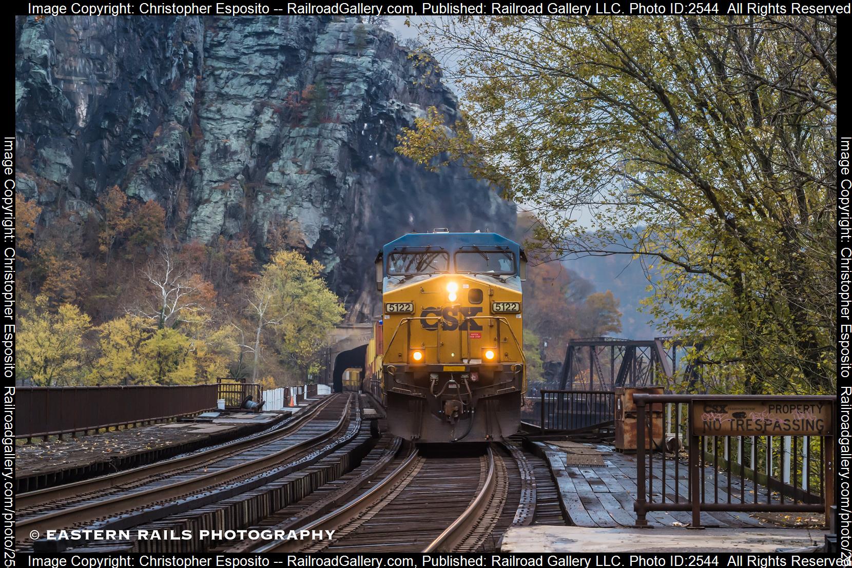 CSXT 5122 is a class CW44AH and  is pictured in Harpers Ferry, WV, USA.  This was taken along the Cumberland Subdivision  on the CSX Transportation. Photo Copyright: Christopher Esposito uploaded to Railroad Gallery on 12/01/2023. This photograph of CSXT 5122 was taken on Thursday, November 09, 2023. All Rights Reserved. 