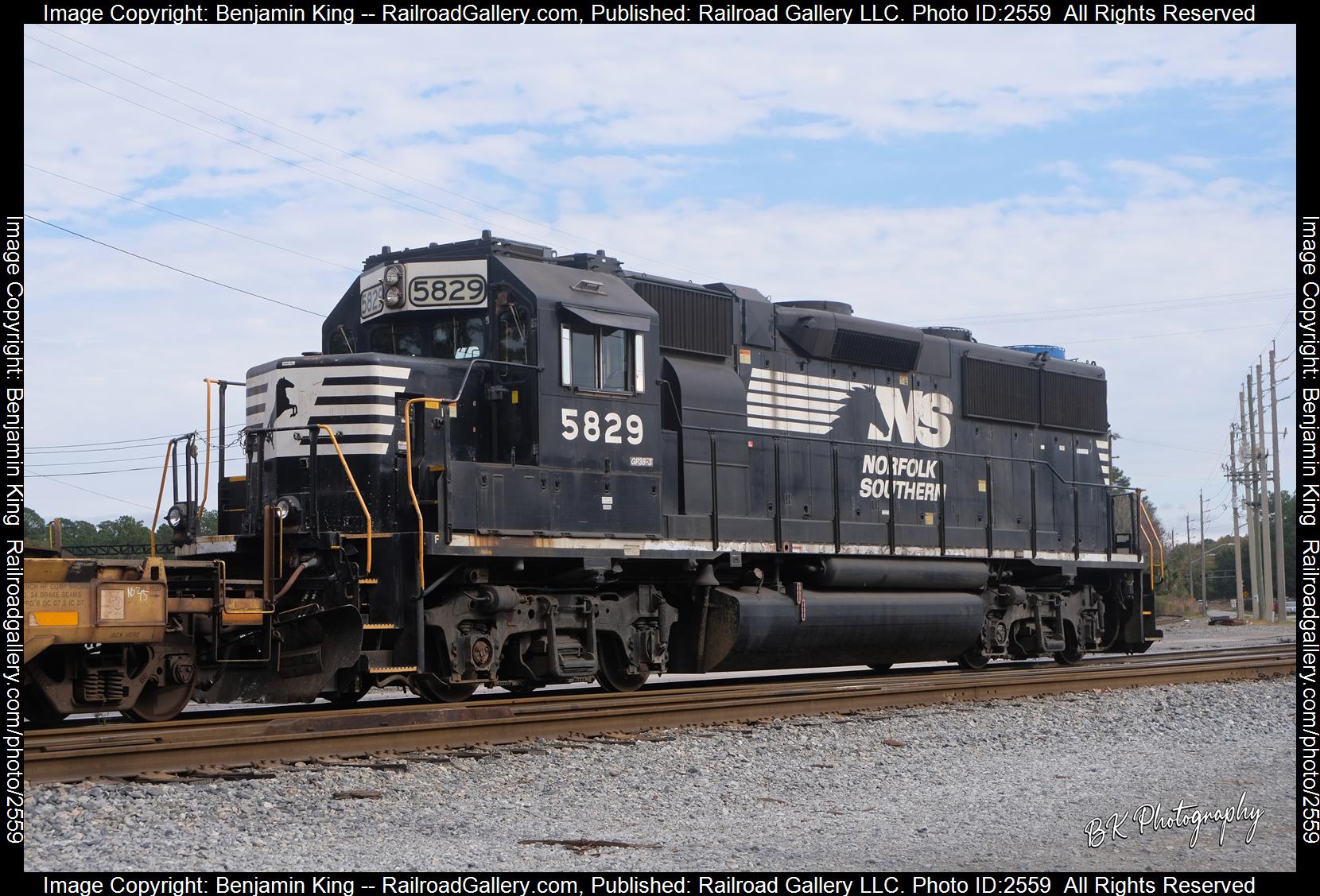 NS 5829 is a class EMD GP38-3 and  is pictured in Jacksonville, Florida, USA.  This was taken along the NS GS&F Subdivision on the Norfolk Southern. Photo Copyright: Benjamin King uploaded to Railroad Gallery on 12/03/2023. This photograph of NS 5829 was taken on Saturday, February 05, 2022. All Rights Reserved. 