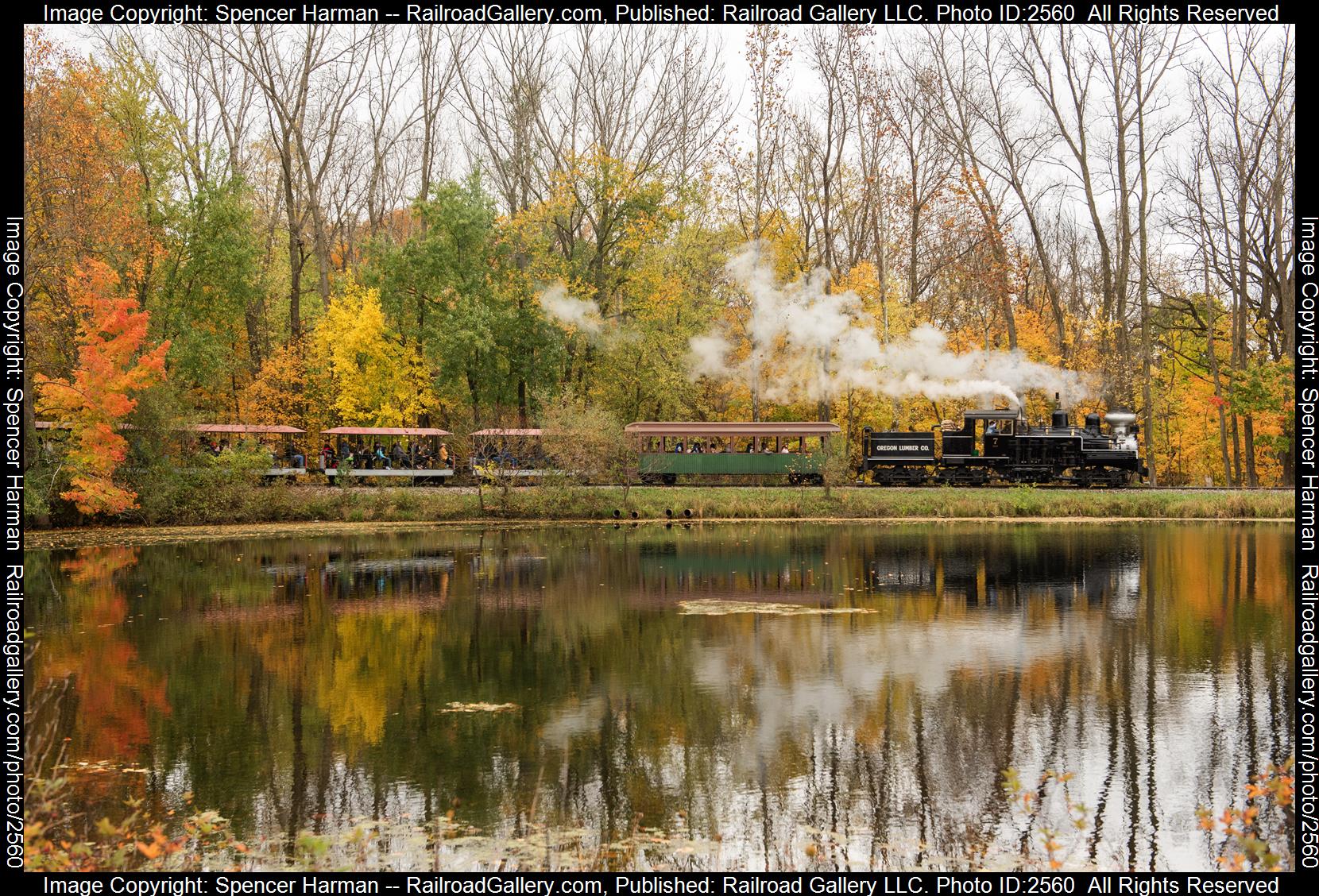 Oregon Lumber Company 7 is a class Class C Shay and  is pictured in Hesston, Indiana, USA.  This was taken along the Narrow Gauge Line on the Hesston & Galena Creek. Photo Copyright: Spencer Harman uploaded to Railroad Gallery on 12/03/2023. This photograph of Oregon Lumber Company 7 was taken on Saturday, October 28, 2023. All Rights Reserved. 