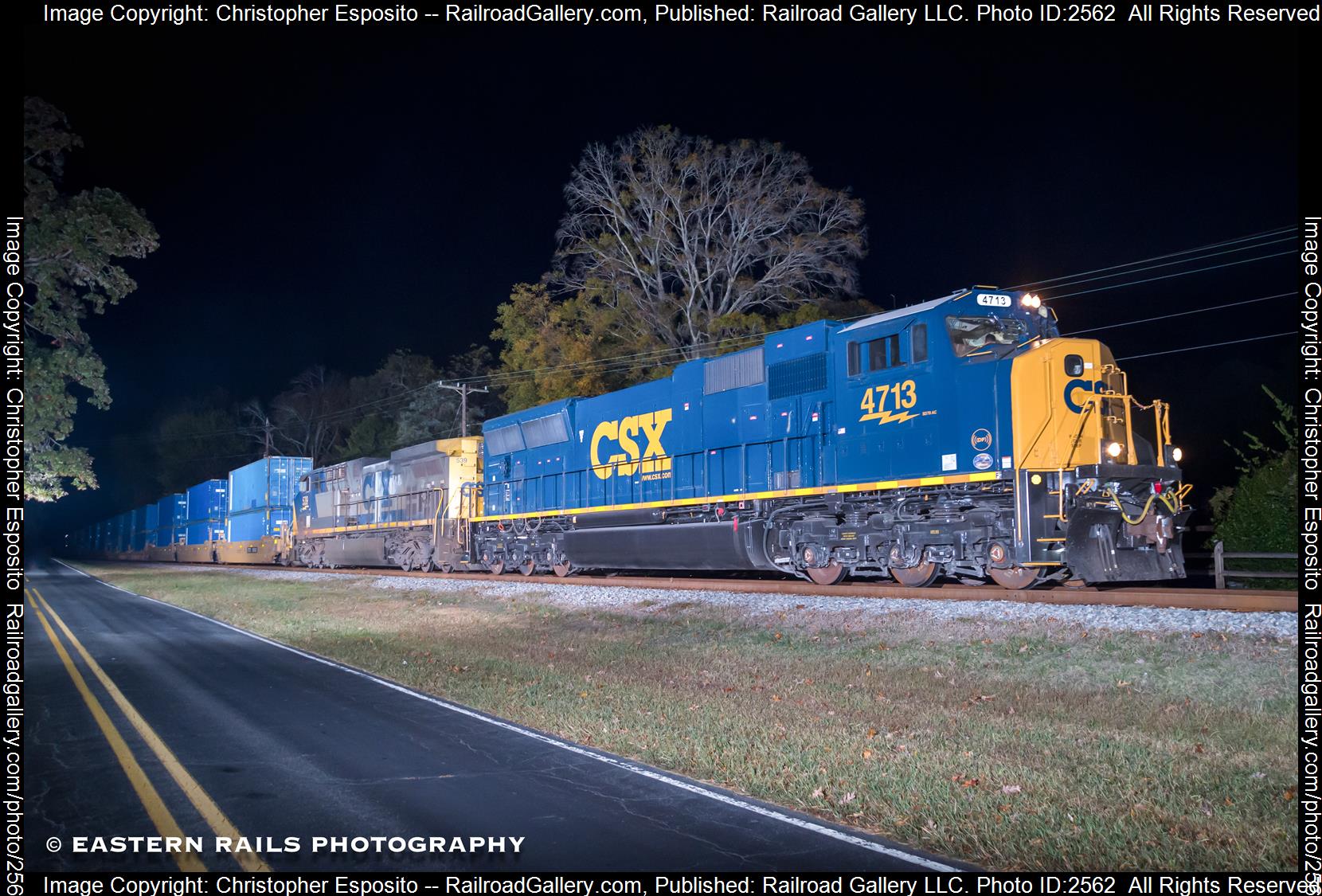 CSXT 4713 is a class SD70MAC and  is pictured in Matthews, NC, USA.  This was taken along the Charlotte Sub on the CSX Transportation. Photo Copyright: Christopher Esposito uploaded to Railroad Gallery on 12/03/2023. This photograph of CSXT 4713 was taken on Wednesday, November 01, 2023. All Rights Reserved. 