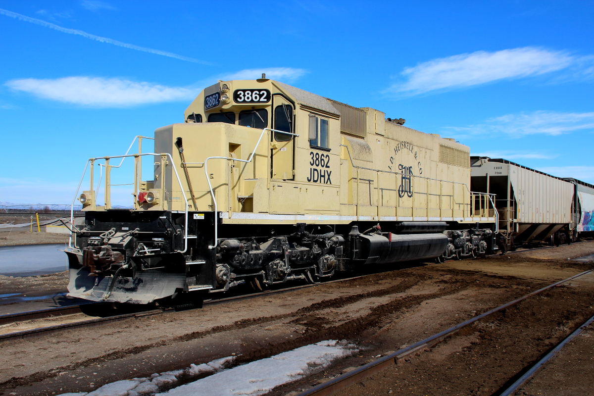 JDHX 3862 is a class SD38-2 and  is pictured in Gooding, Idaho, USA.  This was taken along the J.D. Heiskell & Co. Photo Copyright: Rick Doughty uploaded to Railroad Gallery on 12/04/2023. This photograph of JDHX 3862 was taken on Friday, February 18, 2022. All Rights Reserved. 