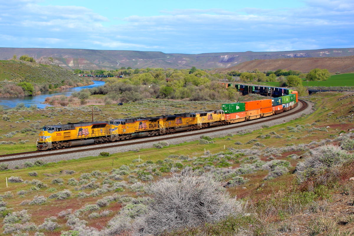 UP 3052 is a class SD70Ace Tier4 and  is pictured in King Hill, Idaho, USA.  This was taken along the Nampa/ UP on the Union Pacific Railroad. Photo Copyright: Rick Doughty uploaded to Railroad Gallery on 12/04/2023. This photograph of UP 3052 was taken on Saturday, May 07, 2022. All Rights Reserved. 