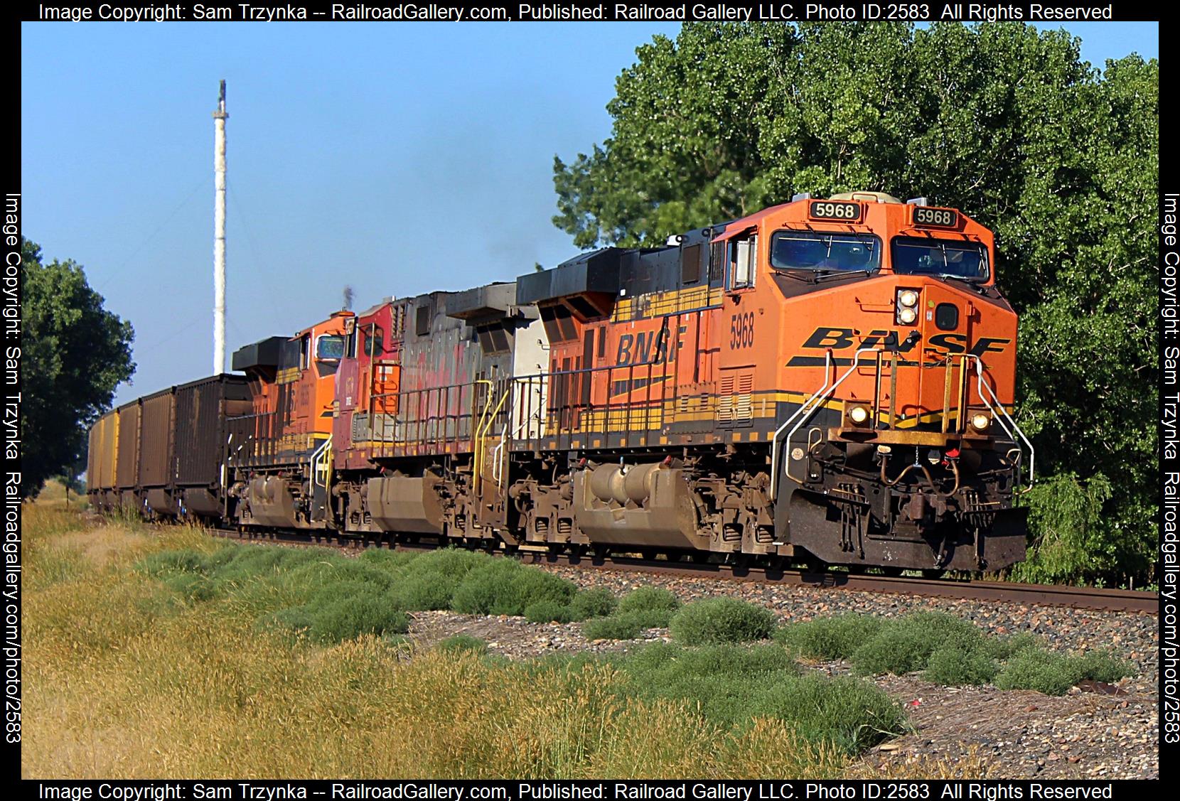 BNSF 5968 is a class GE ES44AC and  is pictured in Lockwood, Montana, USA.  This was taken along the MRL First Subdivision on the BNSF Railway. Photo Copyright: Sam Trzynka uploaded to Railroad Gallery on 12/05/2023. This photograph of BNSF 5968 was taken on Monday, August 08, 2022. All Rights Reserved. 