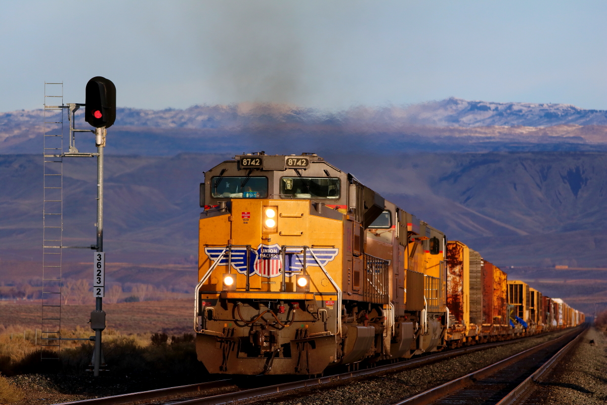 UP 8742 is a class SD70Ace and  is pictured in King Hill, Idaho, USA.  This was taken along the Nampa Sub/UP on the Union Pacific Railroad. Photo Copyright: Rick Doughty uploaded to Railroad Gallery on 12/05/2023. This photograph of UP 8742 was taken on Tuesday, December 05, 2023. All Rights Reserved. 