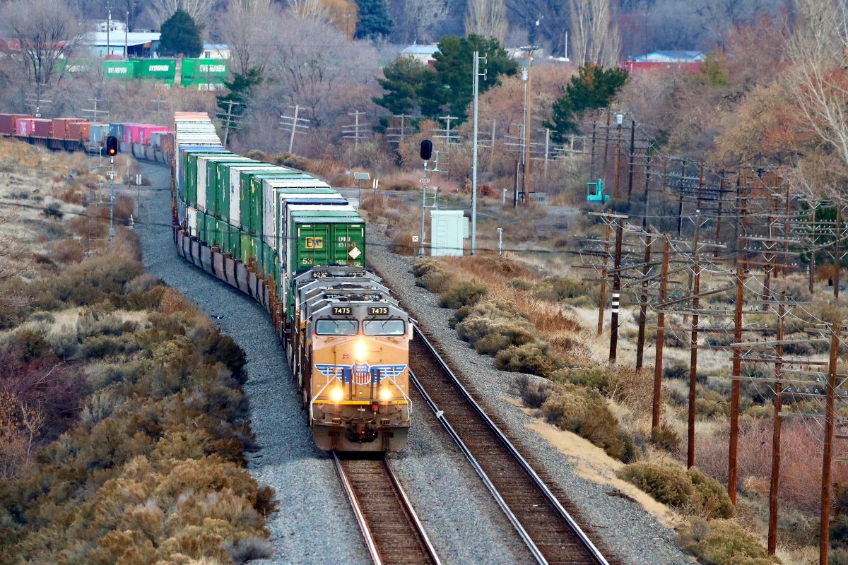 UP 7475 is a class GE ES44AC and  is pictured in King Hill, Idaho, USA.  This was taken along the Nampa/UP on the Union Pacific Railroad. Photo Copyright: Rick Doughty uploaded to Railroad Gallery on 12/06/2023. This photograph of UP 7475 was taken on Tuesday, December 05, 2023. All Rights Reserved. 