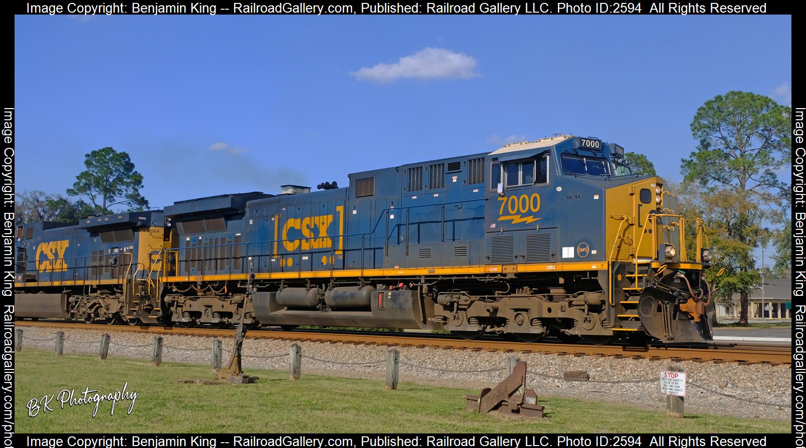 CSXT 7000 is a class GE CM44AC and  is pictured in Folkston, Georgia, USA.  This was taken along the CSXT Nahunta Subdivision on the CSX Transportation. Photo Copyright: Benjamin King uploaded to Railroad Gallery on 12/06/2023. This photograph of CSXT 7000 was taken on Saturday, February 26, 2022. All Rights Reserved. 