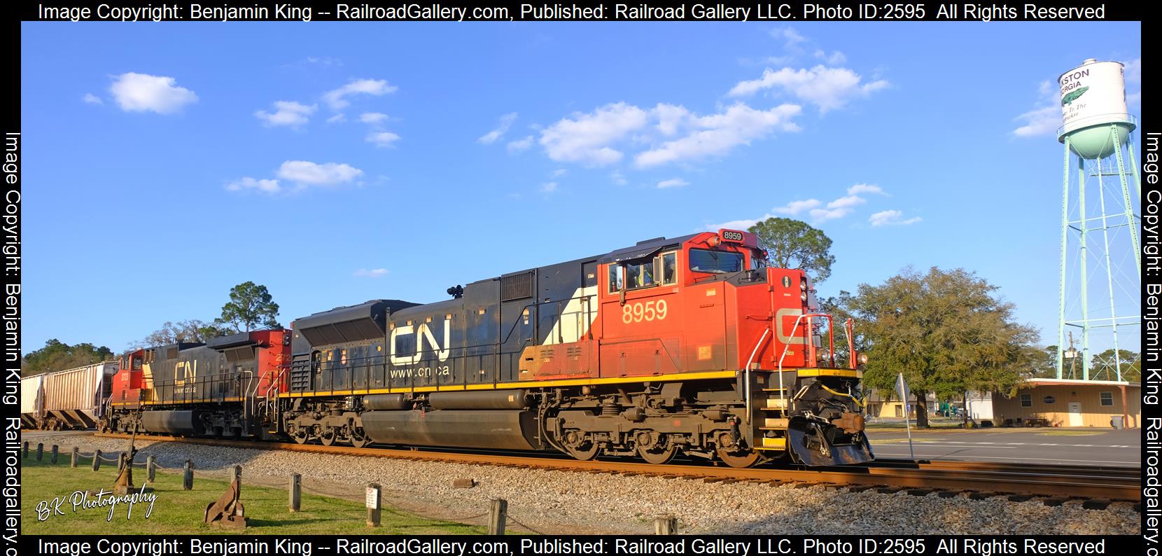 CN 8959 is a class EMD SD70M-2 and  is pictured in Folkston, Georgia, USA.  This was taken along the CSXT Nahunta Subdivision on the Canadian National Railway. Photo Copyright: Benjamin King uploaded to Railroad Gallery on 12/06/2023. This photograph of CN 8959 was taken on Saturday, February 26, 2022. All Rights Reserved. 